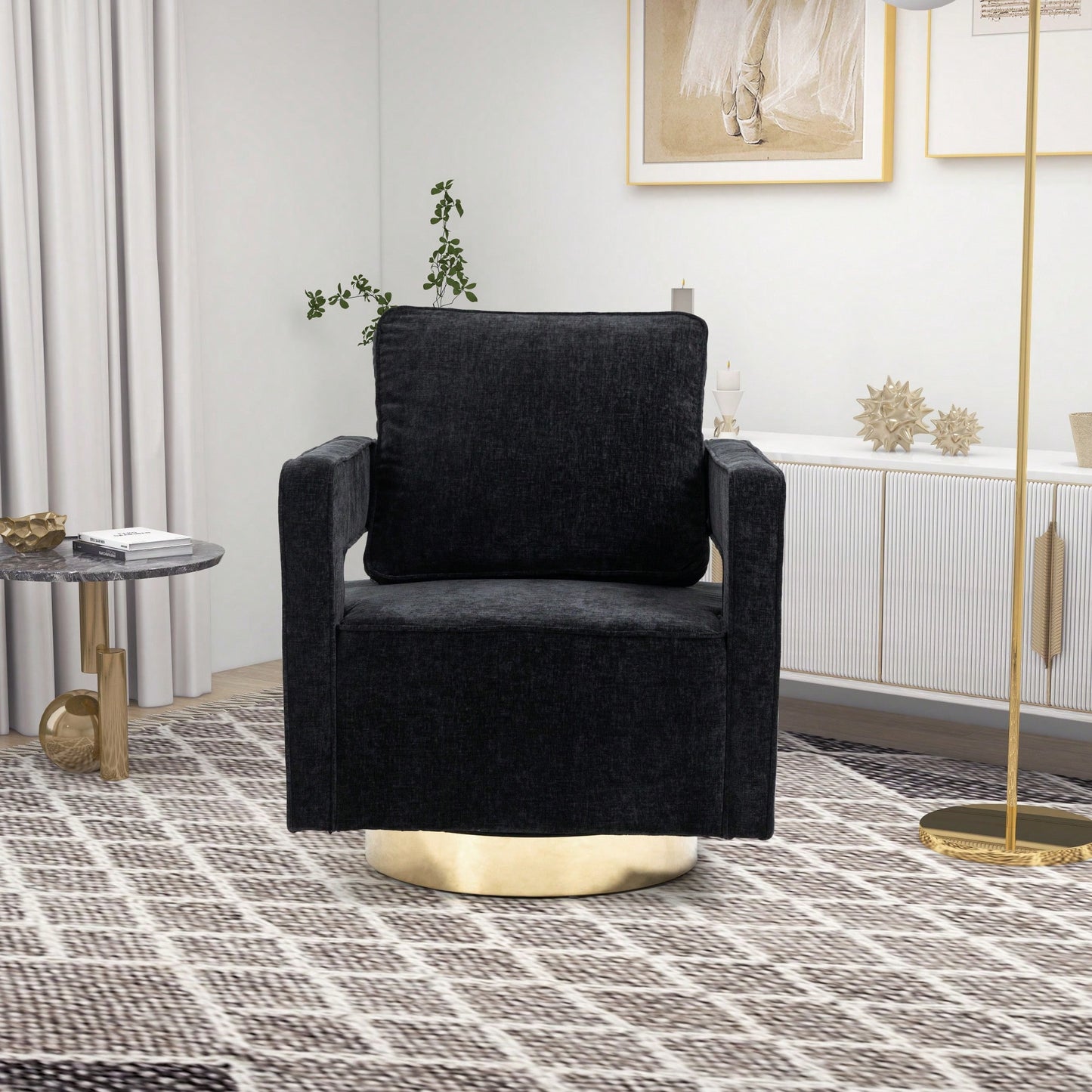 Modern Swivel Accent Chair With Gold Stainless Steel Base For Nursery Bedroom Living Room Office Club Lounge Black Chenille