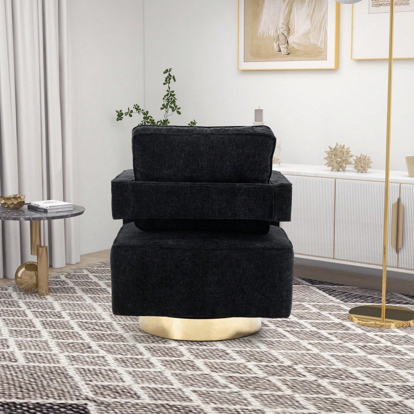 Modern Swivel Accent Chair With Gold Stainless Steel Base For Nursery Bedroom Living Room Office Club Lounge Black Chenille