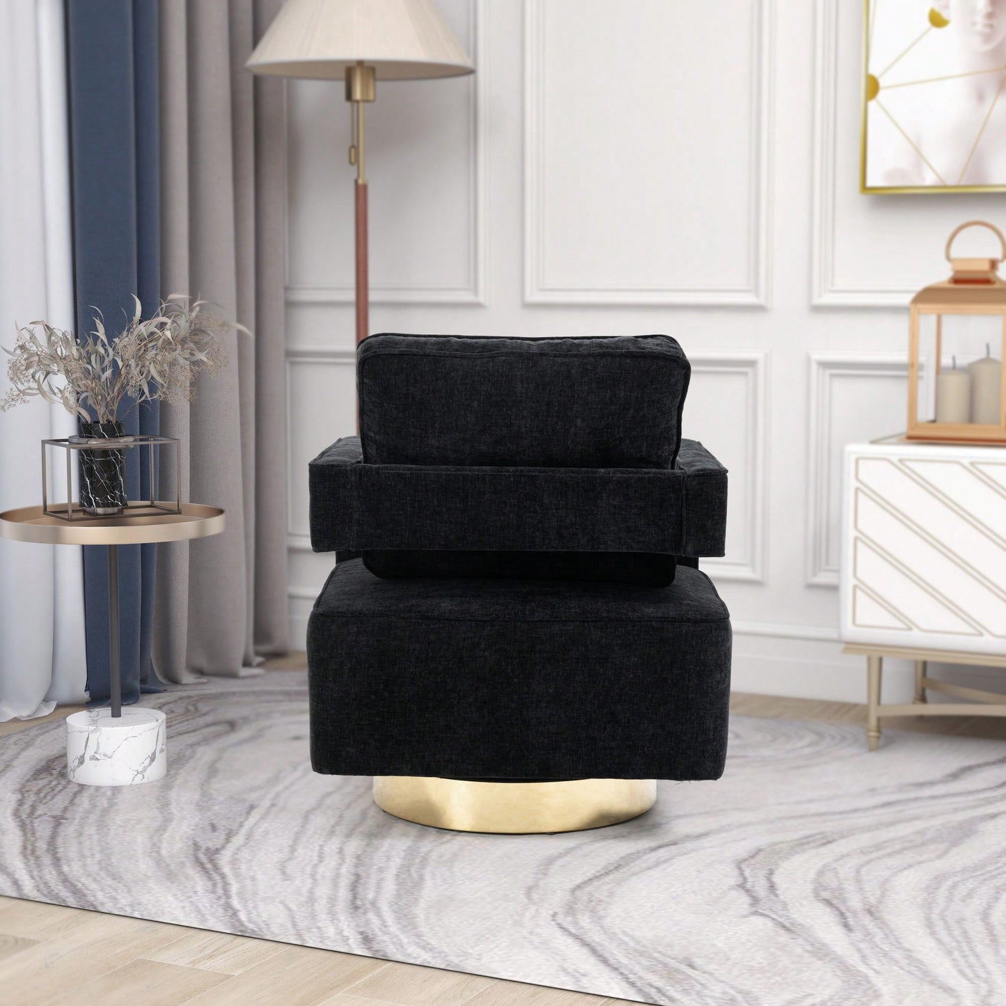 Modern Swivel Accent Chair With Gold Stainless Steel Base For Nursery Bedroom Living Room Office Club Lounge Black Chenille