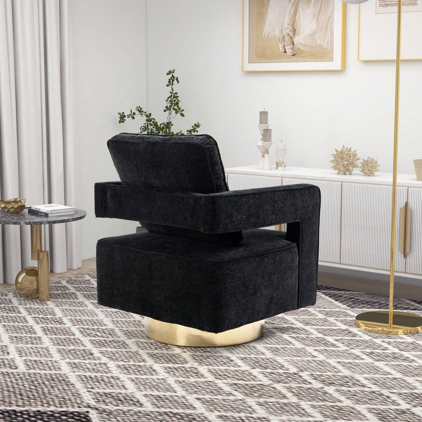 Modern Swivel Accent Chair With Gold Stainless Steel Base For Nursery Bedroom Living Room Office Club Lounge Black Chenille