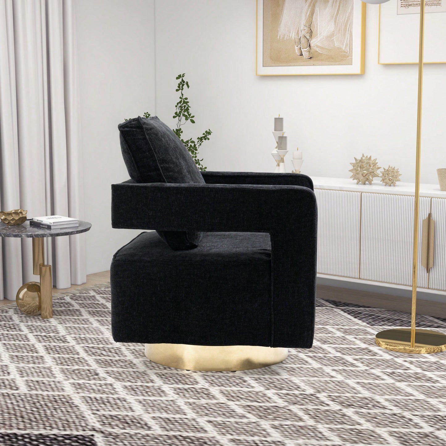 Modern Swivel Accent Chair With Gold Stainless Steel Base For Nursery Bedroom Living Room Office Club Lounge Black Chenille