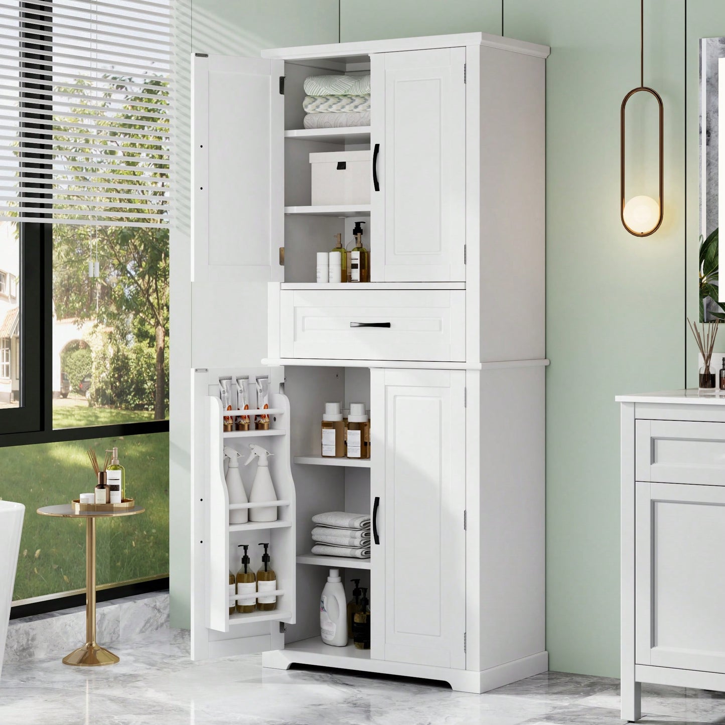 Multi-Functional Bathroom Storage Cabinet With Adjustable Shelf And Drawer For Organized Space In White