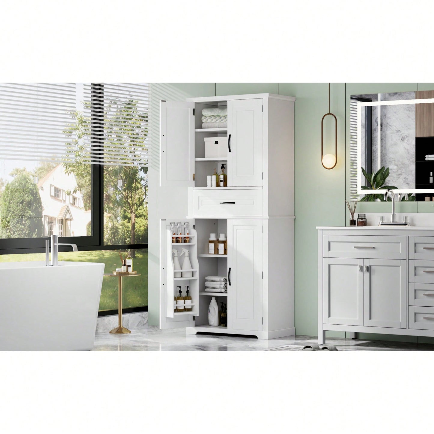 Multi-Functional Bathroom Storage Cabinet With Adjustable Shelf And Drawer For Organized Space In White