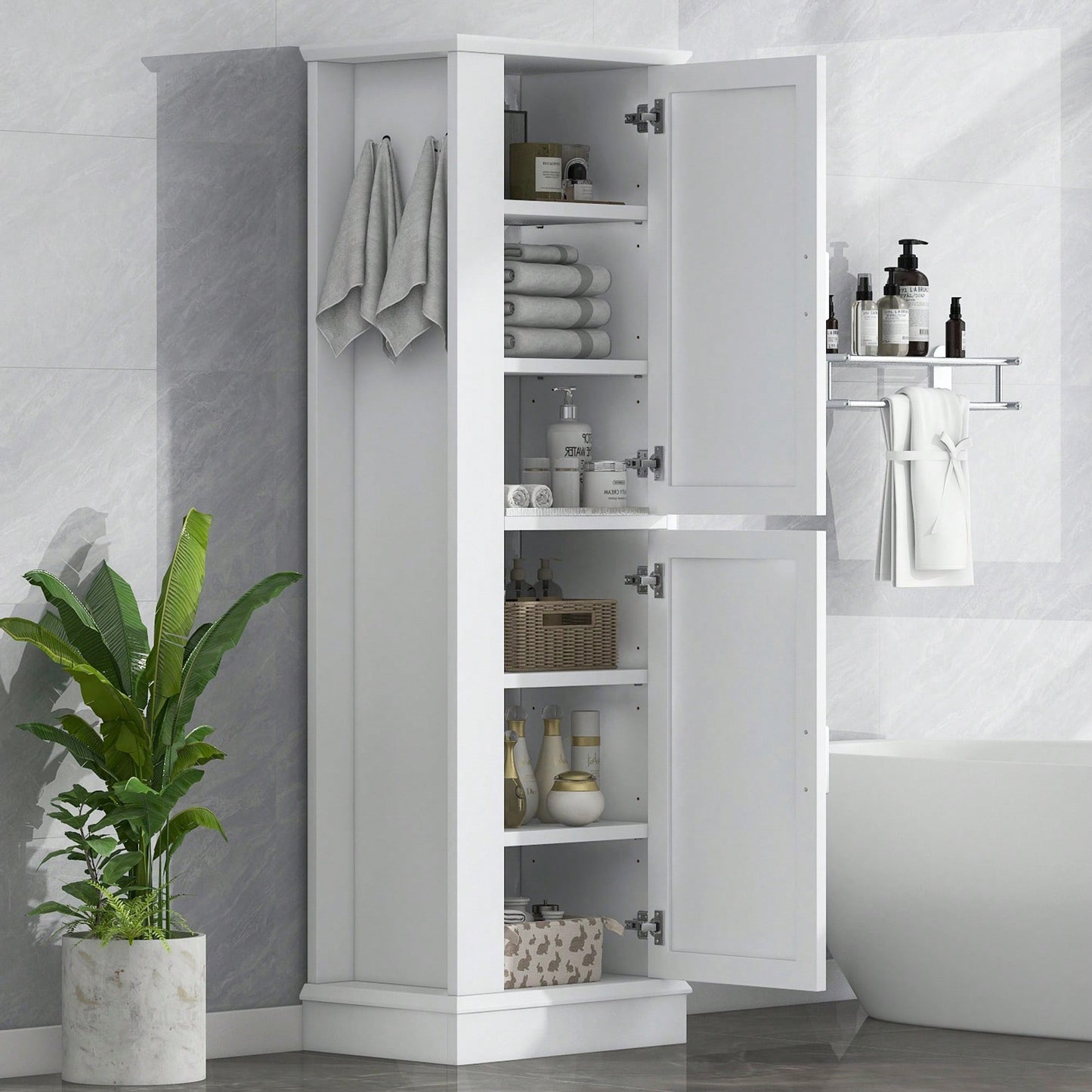 Freestanding Tall Bathroom Storage Cabinet With Adjustable Shelves And Hook In White MDF