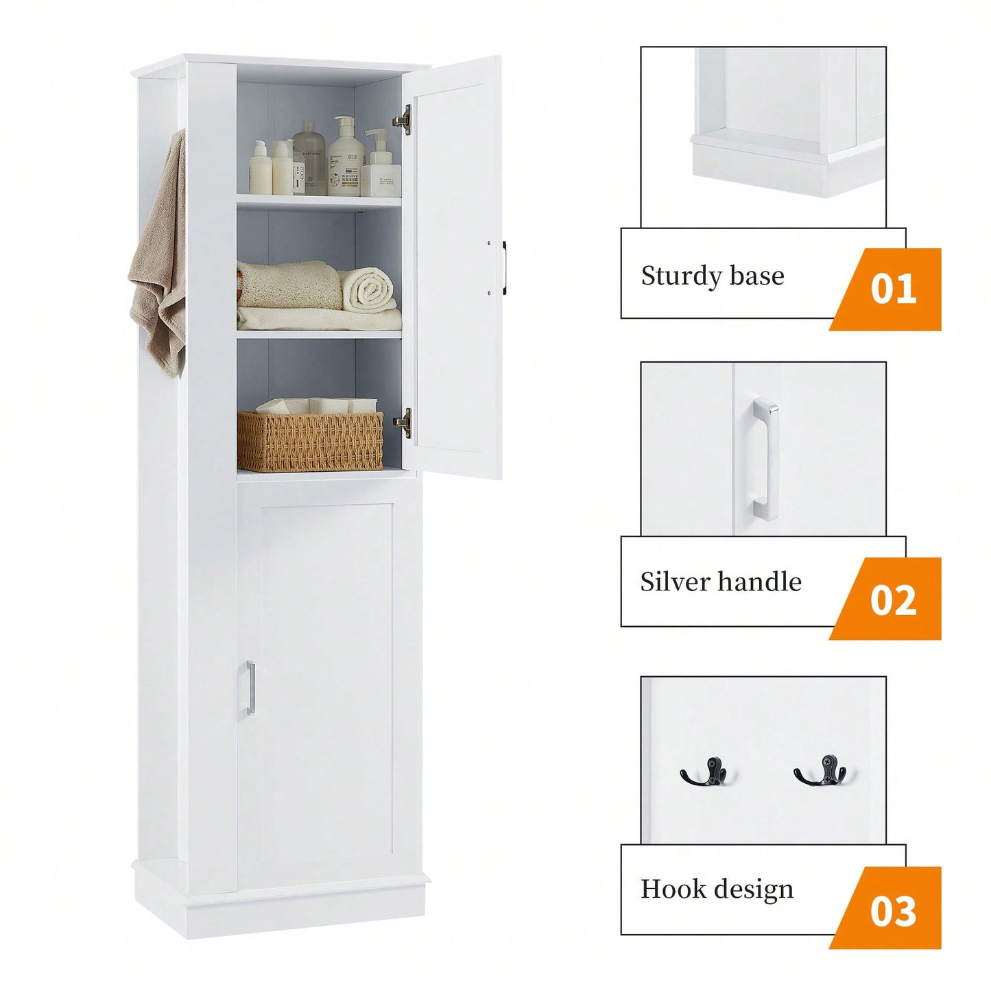 Freestanding Tall Bathroom Storage Cabinet With Adjustable Shelves And Hook In White MDF