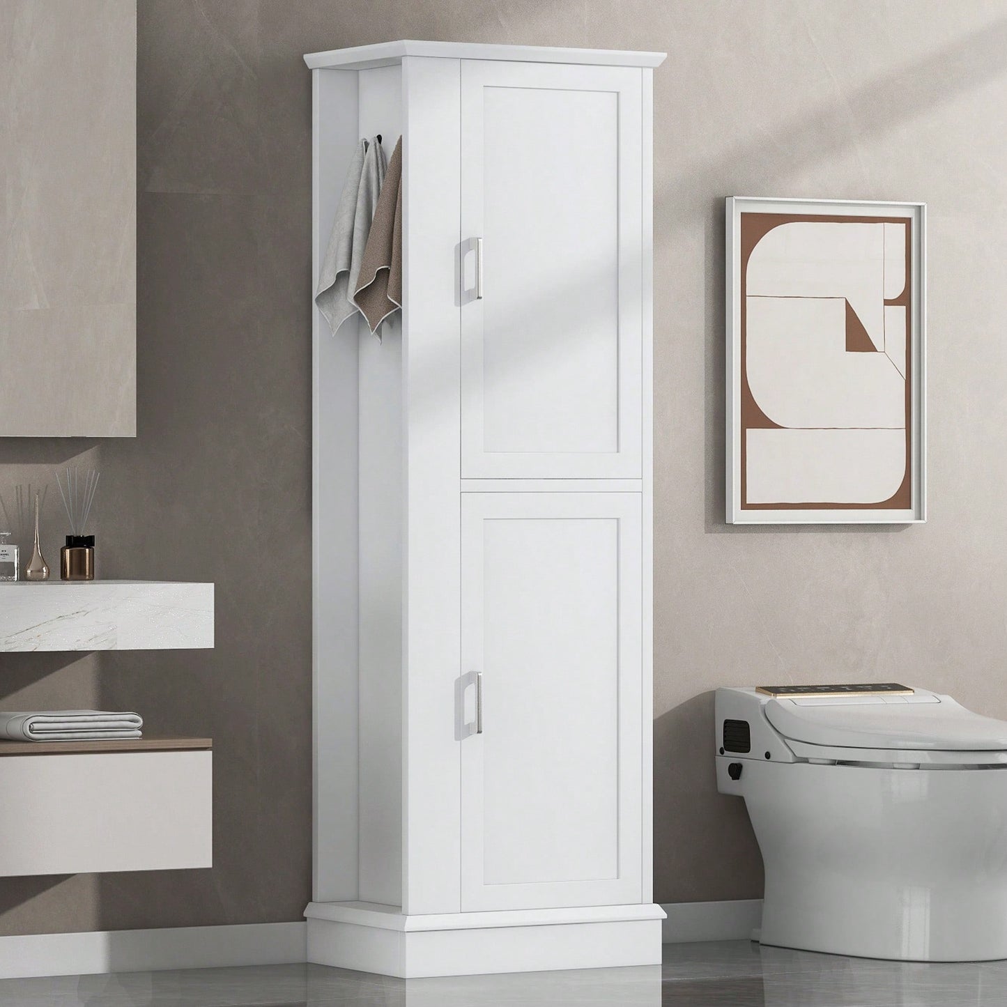 Freestanding Tall Bathroom Storage Cabinet With Adjustable Shelves And Hook In White MDF