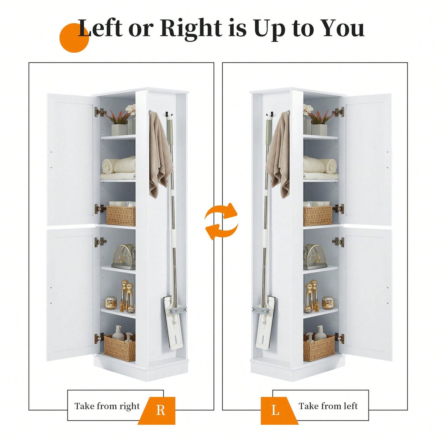 Freestanding Tall Bathroom Storage Cabinet With Adjustable Shelves And Hook In White MDF