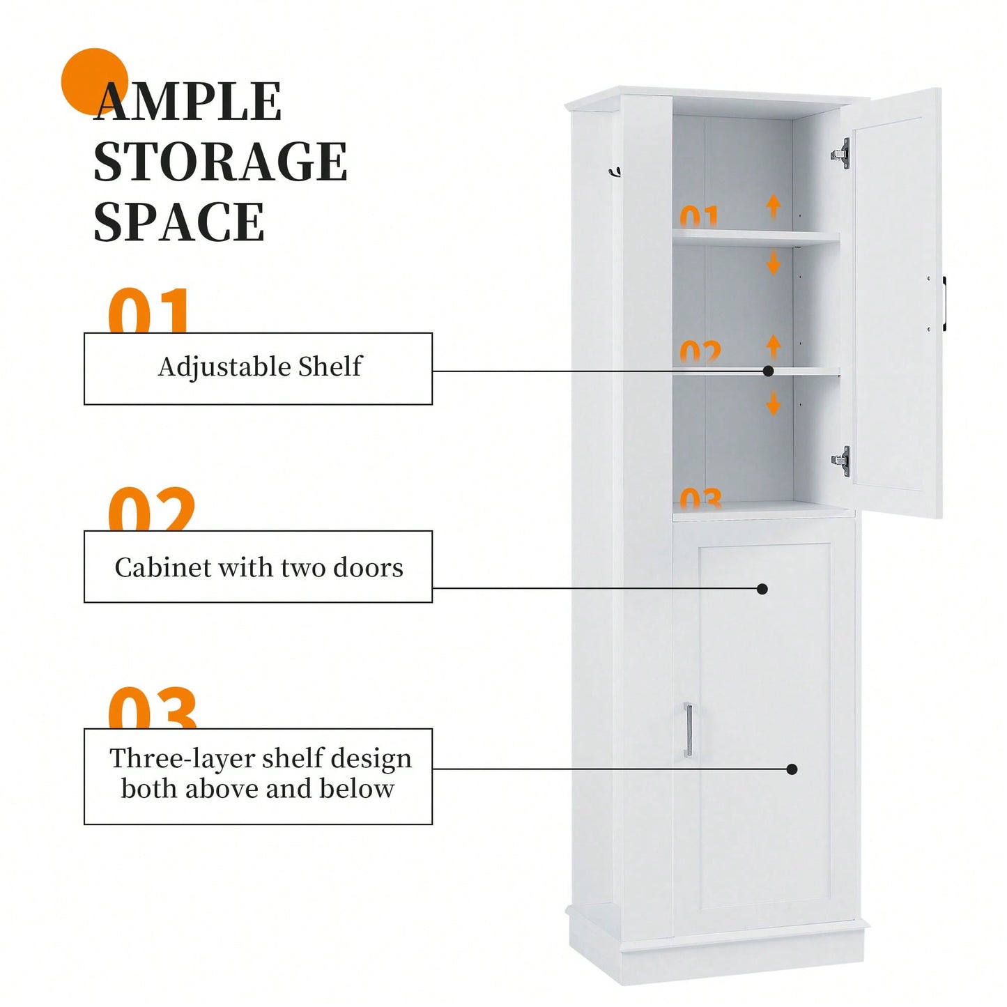 Freestanding Tall Bathroom Storage Cabinet With Adjustable Shelves And Hook In White MDF