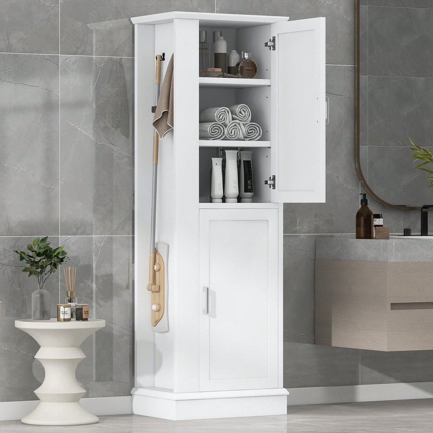 Freestanding Tall Bathroom Storage Cabinet With Adjustable Shelves And Hook In White MDF
