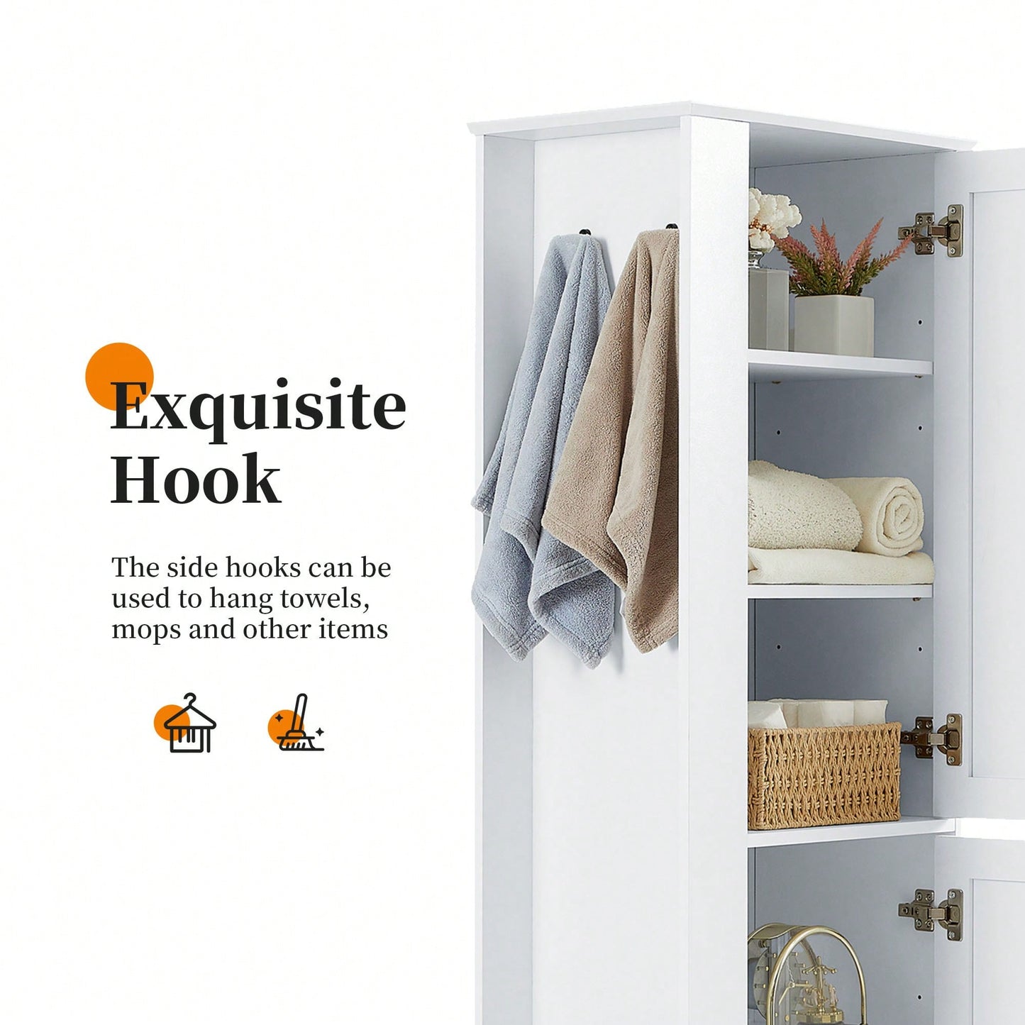 Freestanding Tall Bathroom Storage Cabinet With Adjustable Shelves And Hook In White MDF