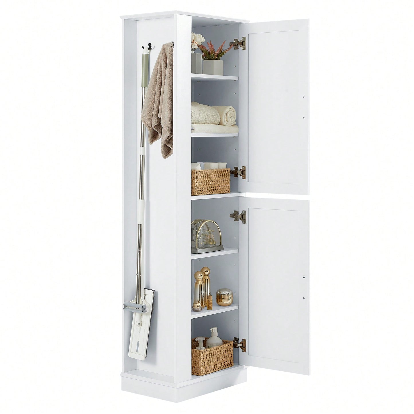 Freestanding Tall Bathroom Storage Cabinet With Adjustable Shelves And Hook In White MDF