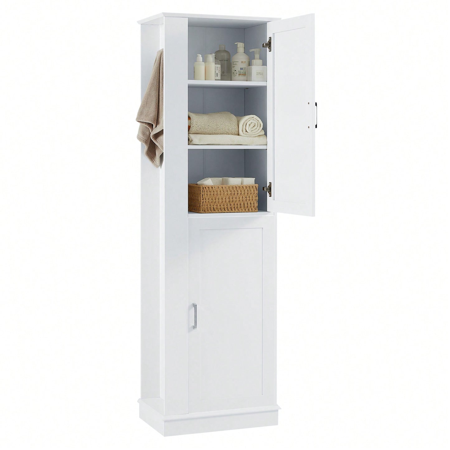 Freestanding Tall Bathroom Storage Cabinet With Adjustable Shelves And Hook In White MDF