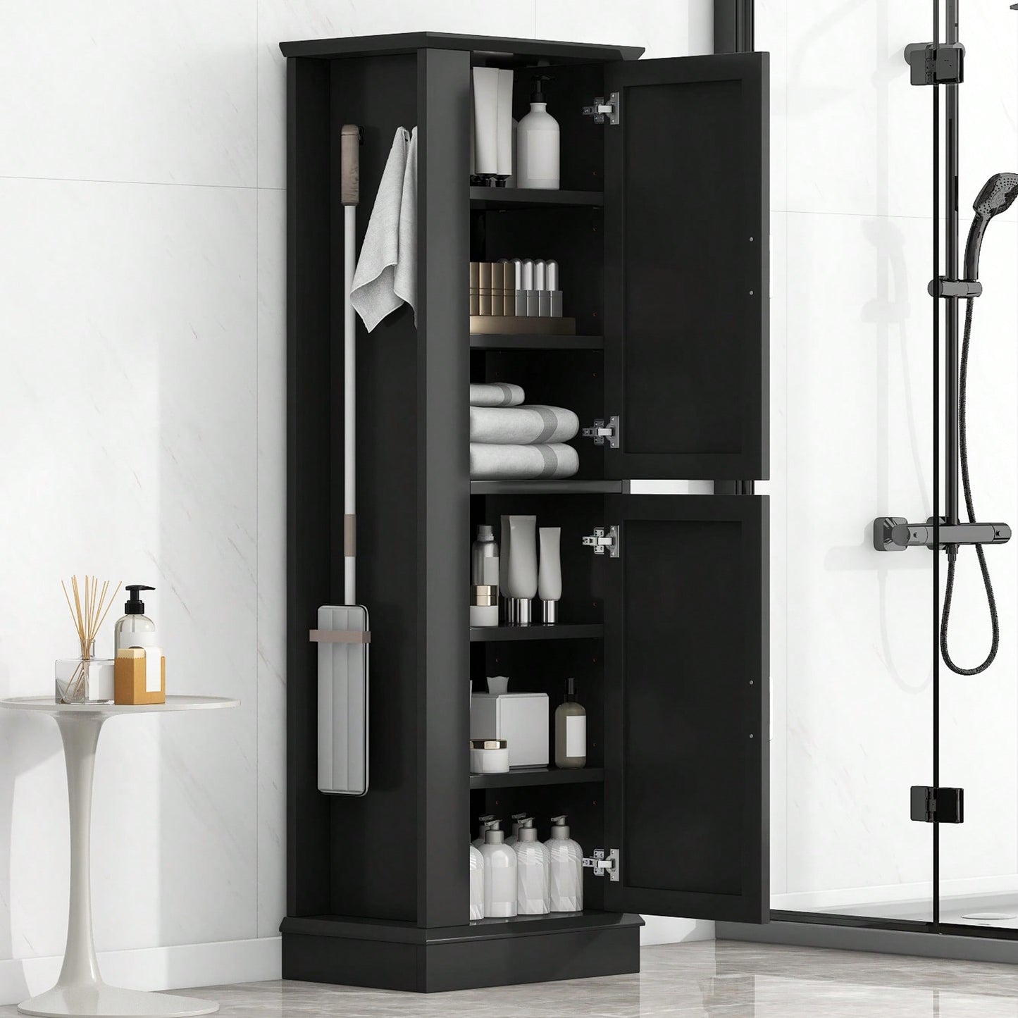 Freestanding Tall Bathroom Storage Cabinet With Adjustable Shelves And Hook In White MDF