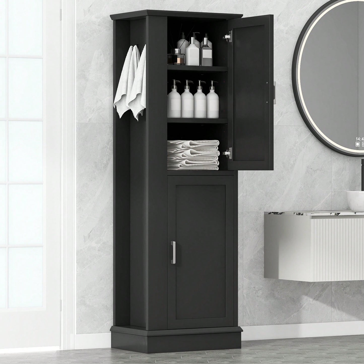 Freestanding Tall Bathroom Storage Cabinet With Adjustable Shelves And Hook In White MDF