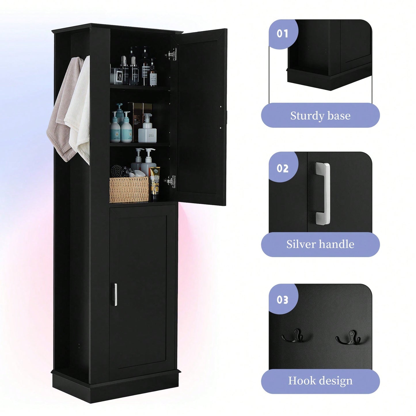 Freestanding Tall Bathroom Storage Cabinet With Adjustable Shelves And Hook In White MDF