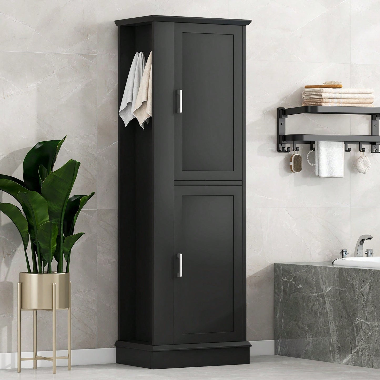Freestanding Tall Bathroom Storage Cabinet With Adjustable Shelves And Hook In White MDF