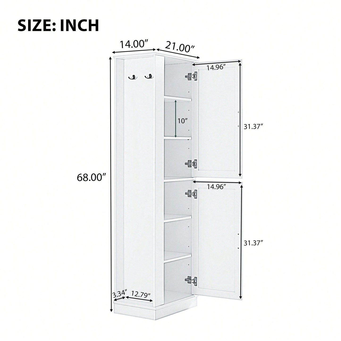 Freestanding Tall Bathroom Storage Cabinet With Adjustable Shelves And Hook In White MDF