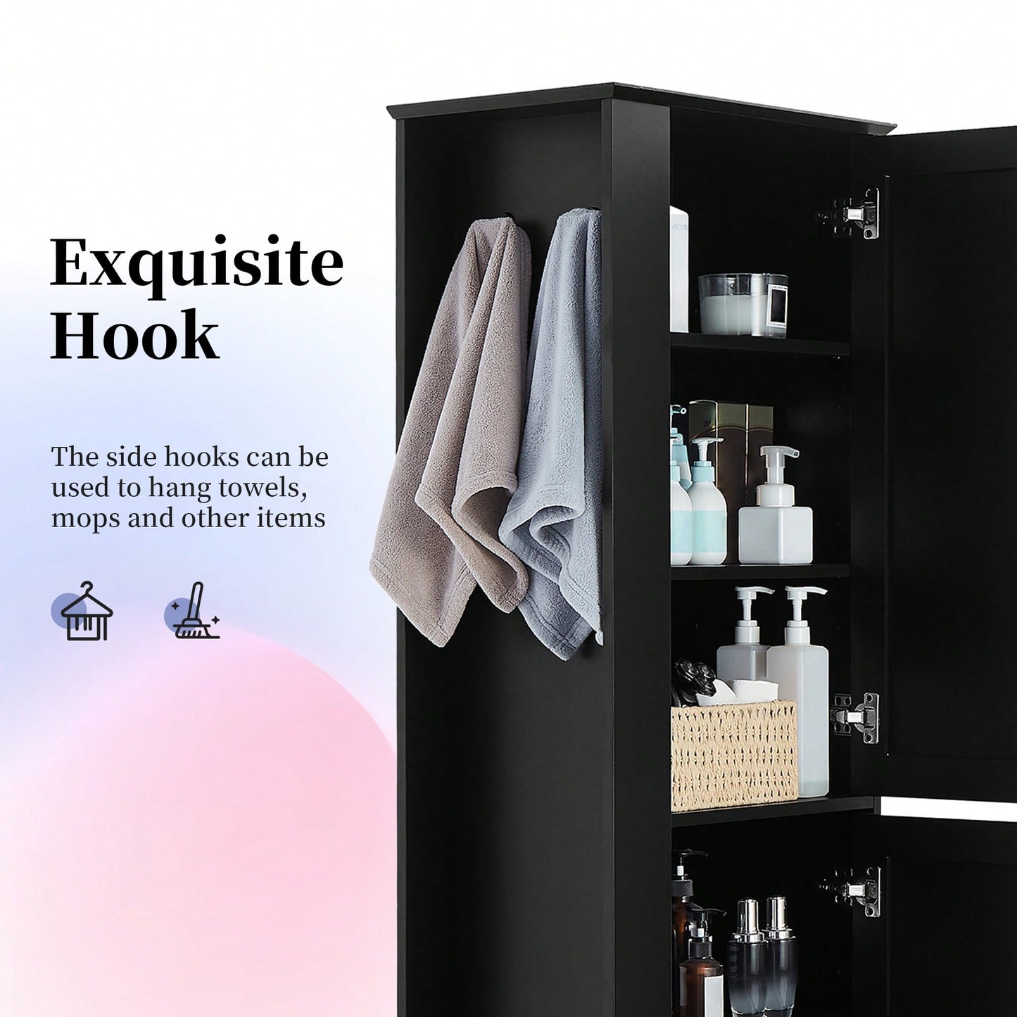 Freestanding Tall Bathroom Storage Cabinet With Adjustable Shelves And Hook In White MDF