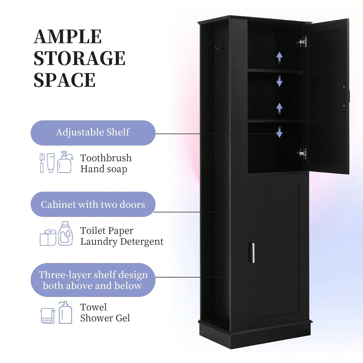 Freestanding Tall Bathroom Storage Cabinet With Adjustable Shelves And Hook In White MDF