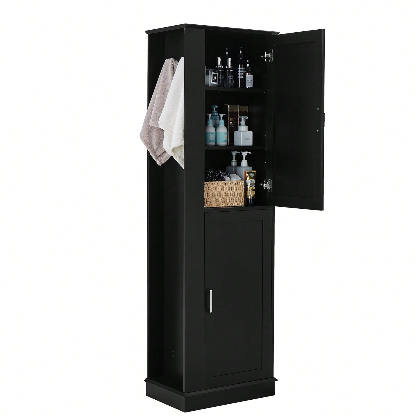 Freestanding Tall Bathroom Storage Cabinet With Adjustable Shelves And Hook In White MDF