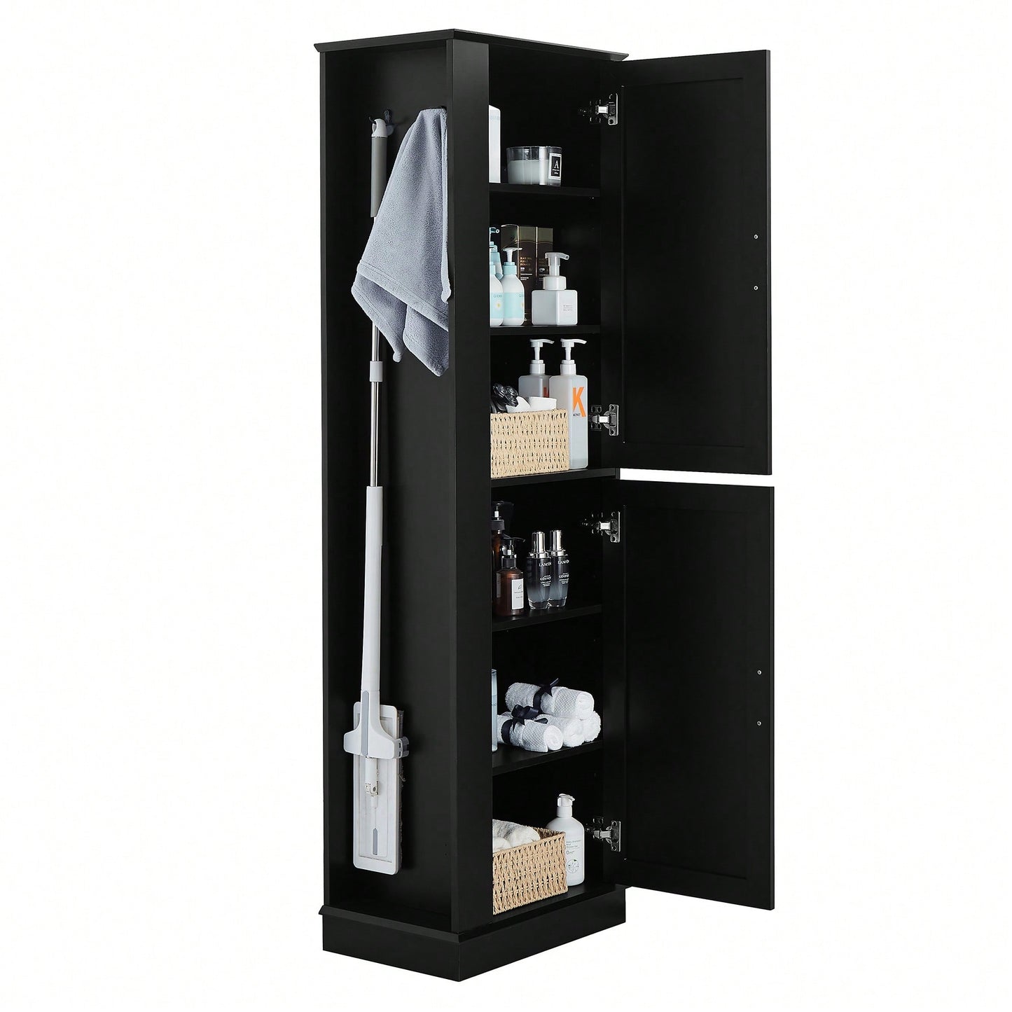 Freestanding Tall Bathroom Storage Cabinet With Adjustable Shelves And Hook In White MDF