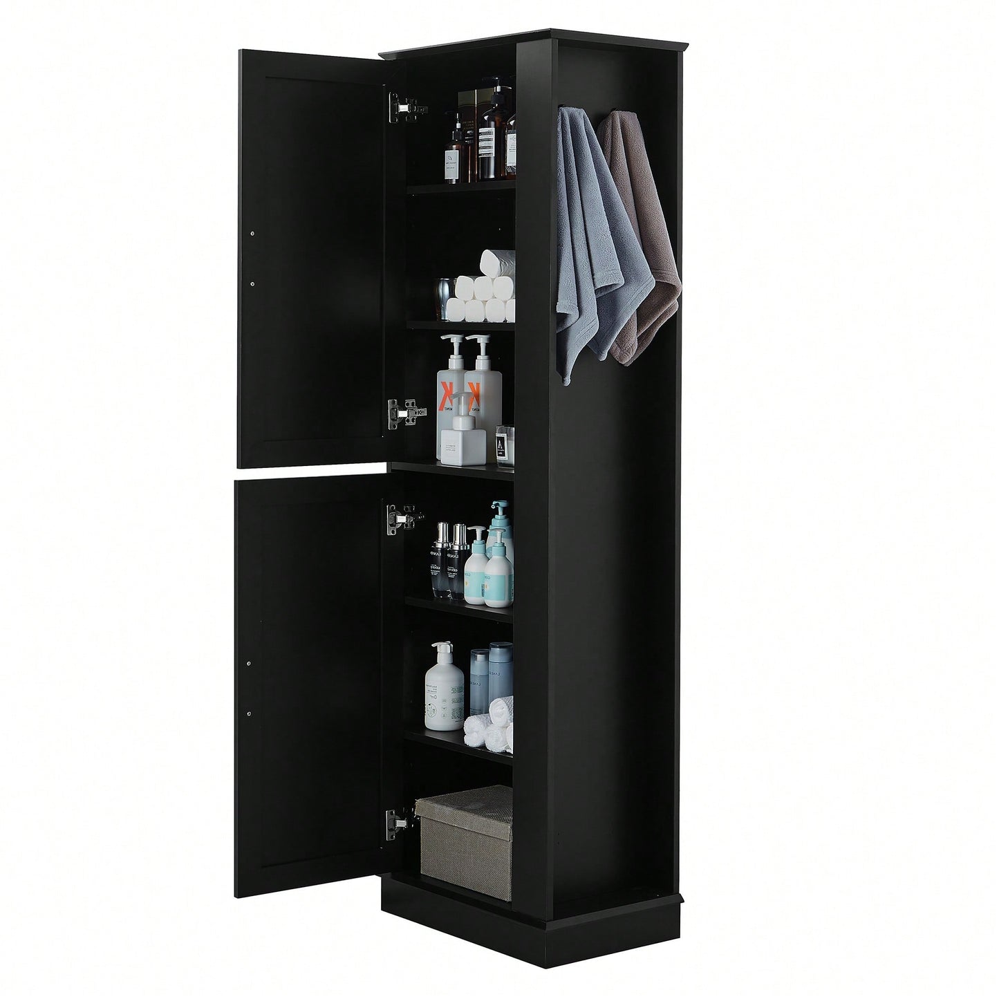 Freestanding Tall Bathroom Storage Cabinet With Adjustable Shelves And Hook In White MDF
