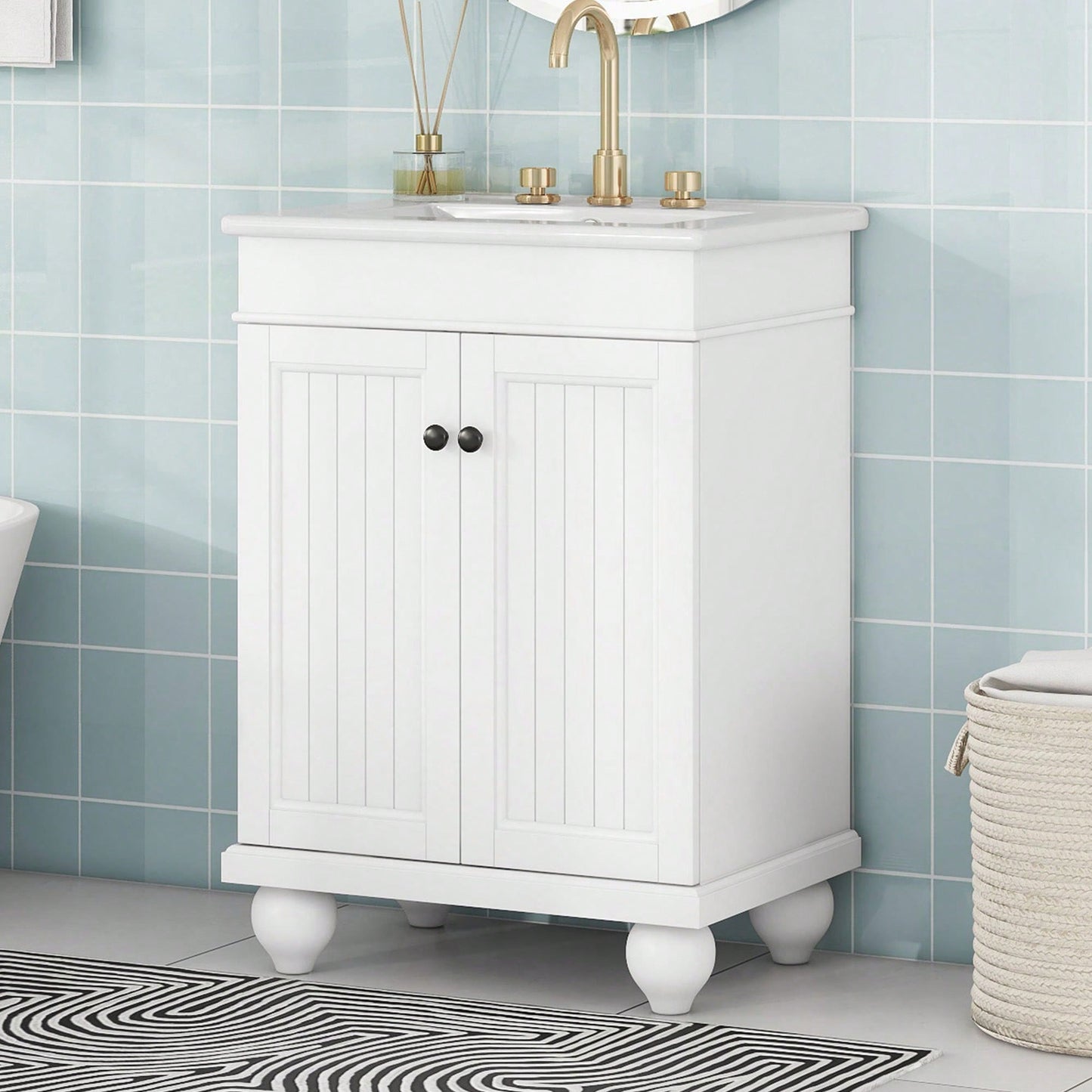 Sleek 24 Inch Black Bathroom Vanity With Elegant Ceramic Sink And Solid Wood Frame, Adjustable Shelf For Stylish Storage