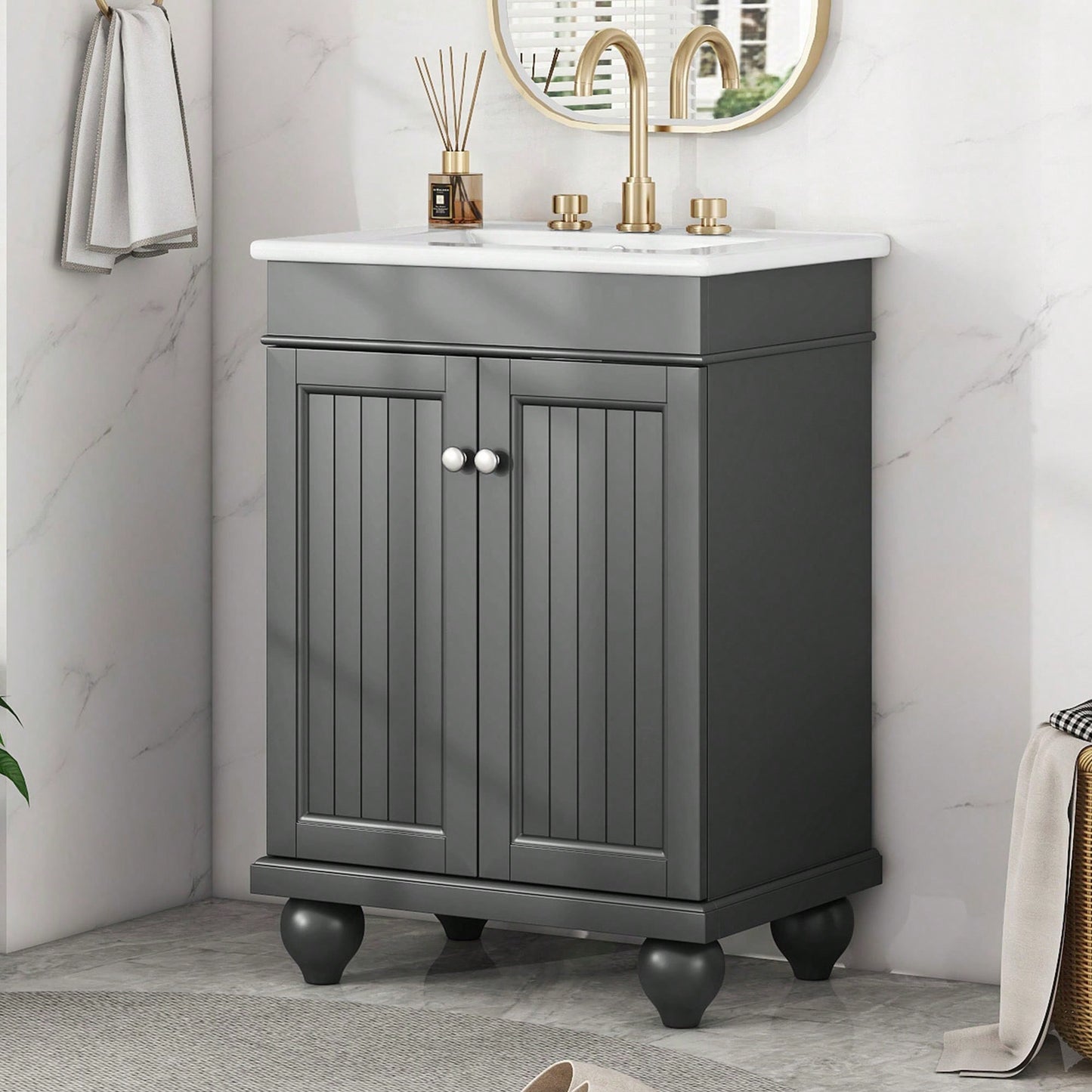 Sleek 24 Inch Black Bathroom Vanity With Elegant Ceramic Sink And Solid Wood Frame, Adjustable Shelf For Stylish Storage