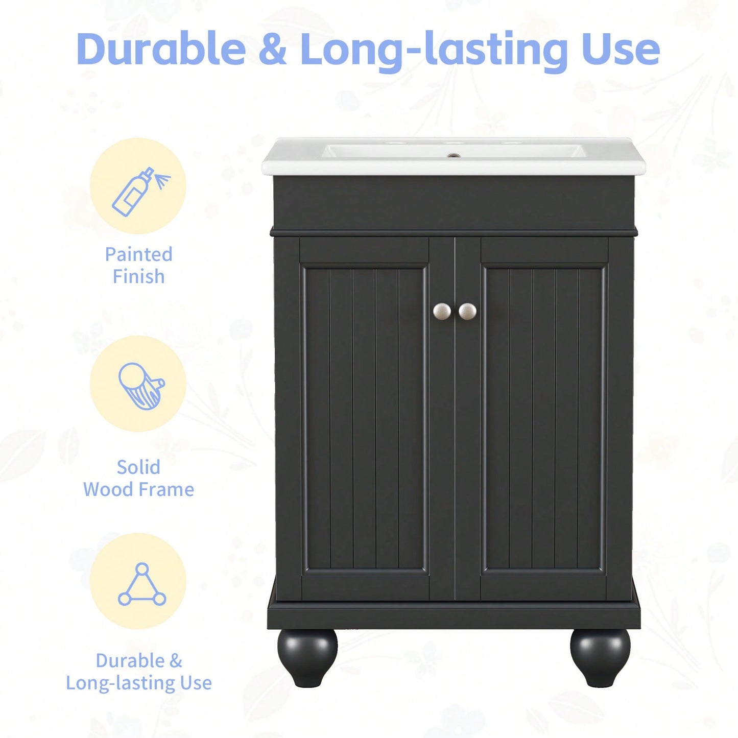 Sleek 24 Inch Black Bathroom Vanity With Elegant Ceramic Sink And Solid Wood Frame, Adjustable Shelf For Stylish Storage