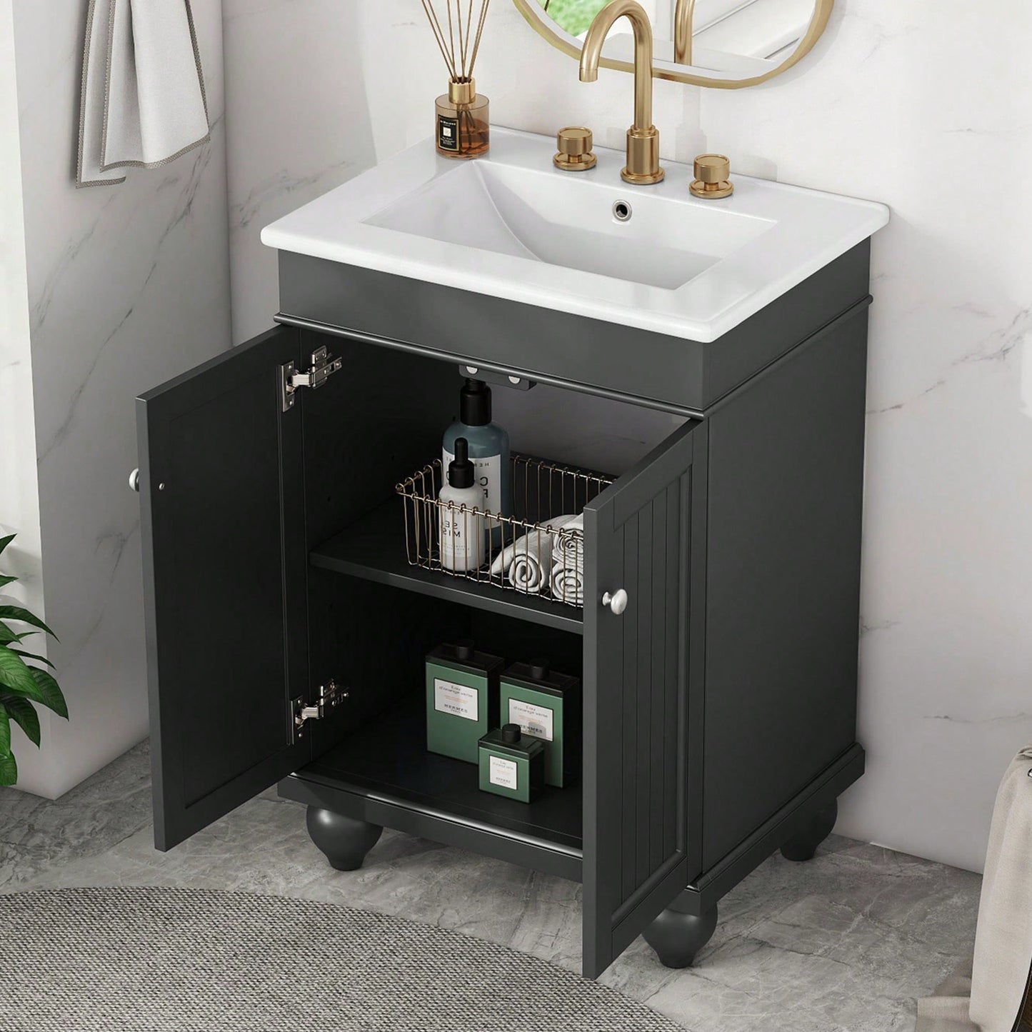 Sleek 24 Inch Black Bathroom Vanity With Elegant Ceramic Sink And Solid Wood Frame, Adjustable Shelf For Stylish Storage