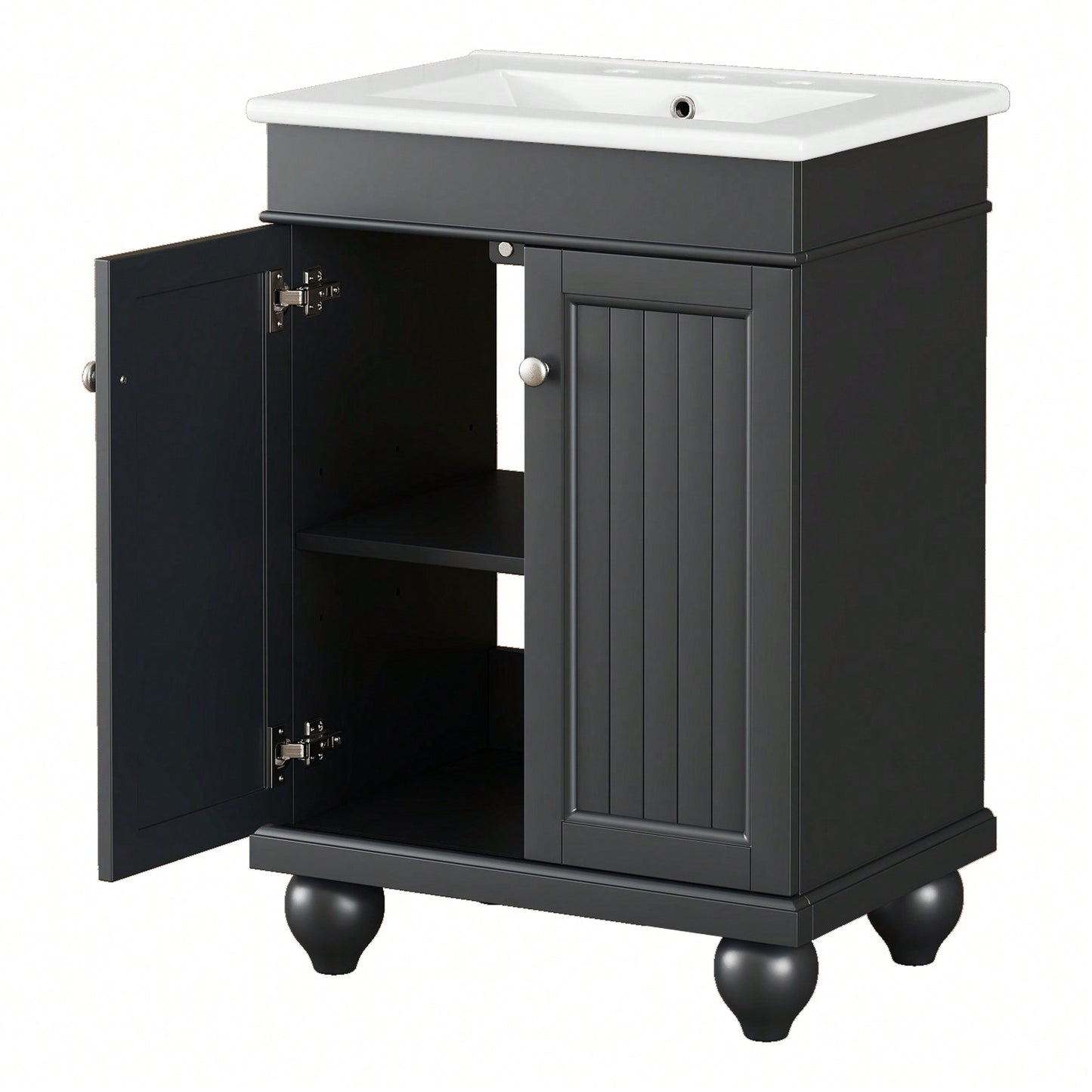 Sleek 24 Inch Black Bathroom Vanity With Elegant Ceramic Sink And Solid Wood Frame, Adjustable Shelf For Stylish Storage