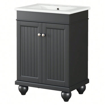 Sleek 24 Inch Black Bathroom Vanity With Elegant Ceramic Sink And Solid Wood Frame, Adjustable Shelf For Stylish Storage