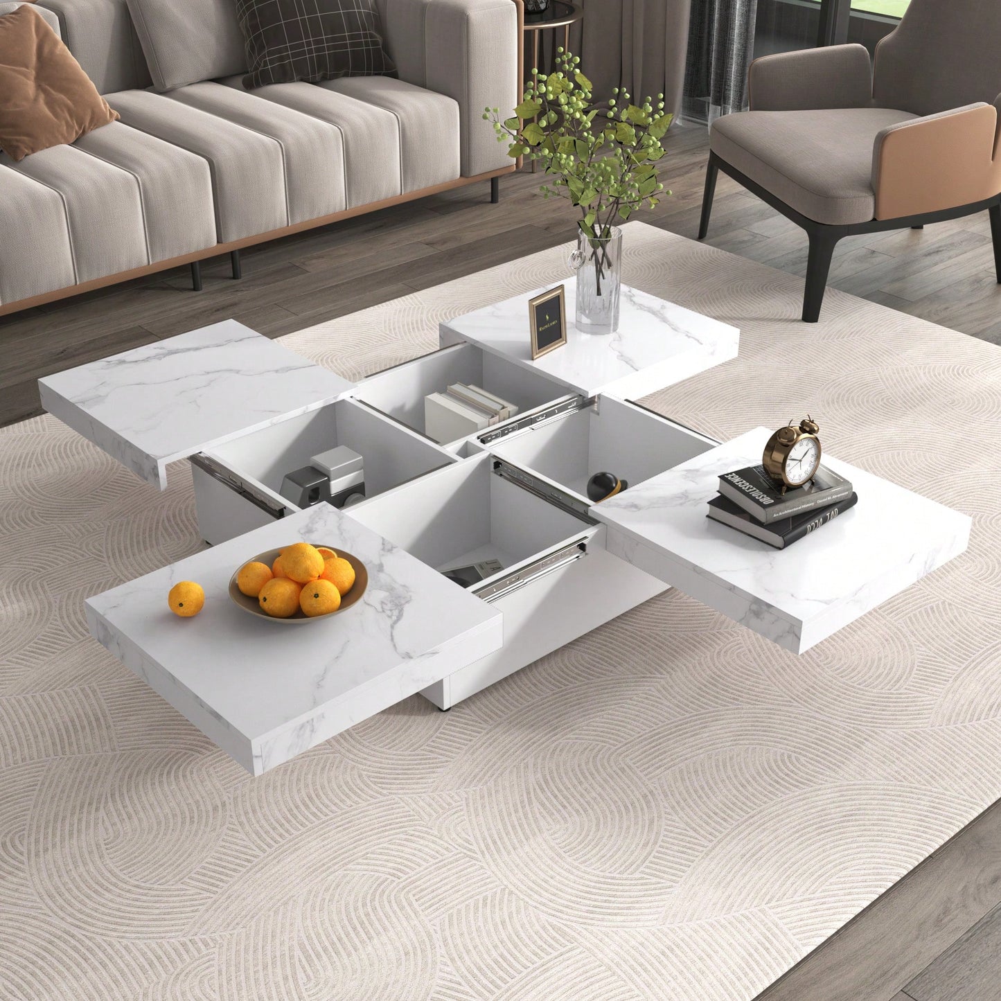 Modern Square Marble Veneer Coffee Table With Sliding Storage Top In White 39.4 Inches