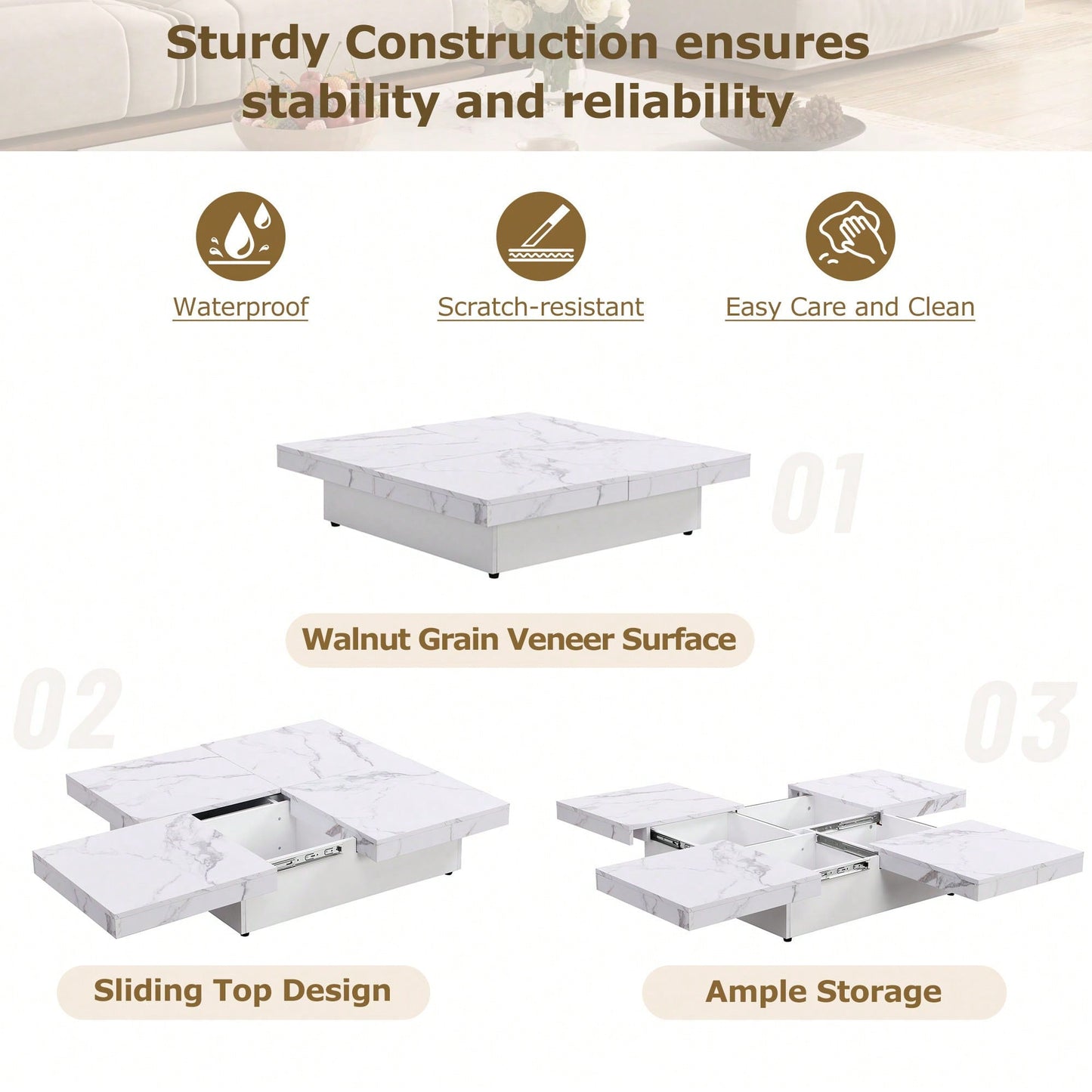 Modern Square Marble Veneer Coffee Table With Sliding Storage Top In White 39.4 Inches