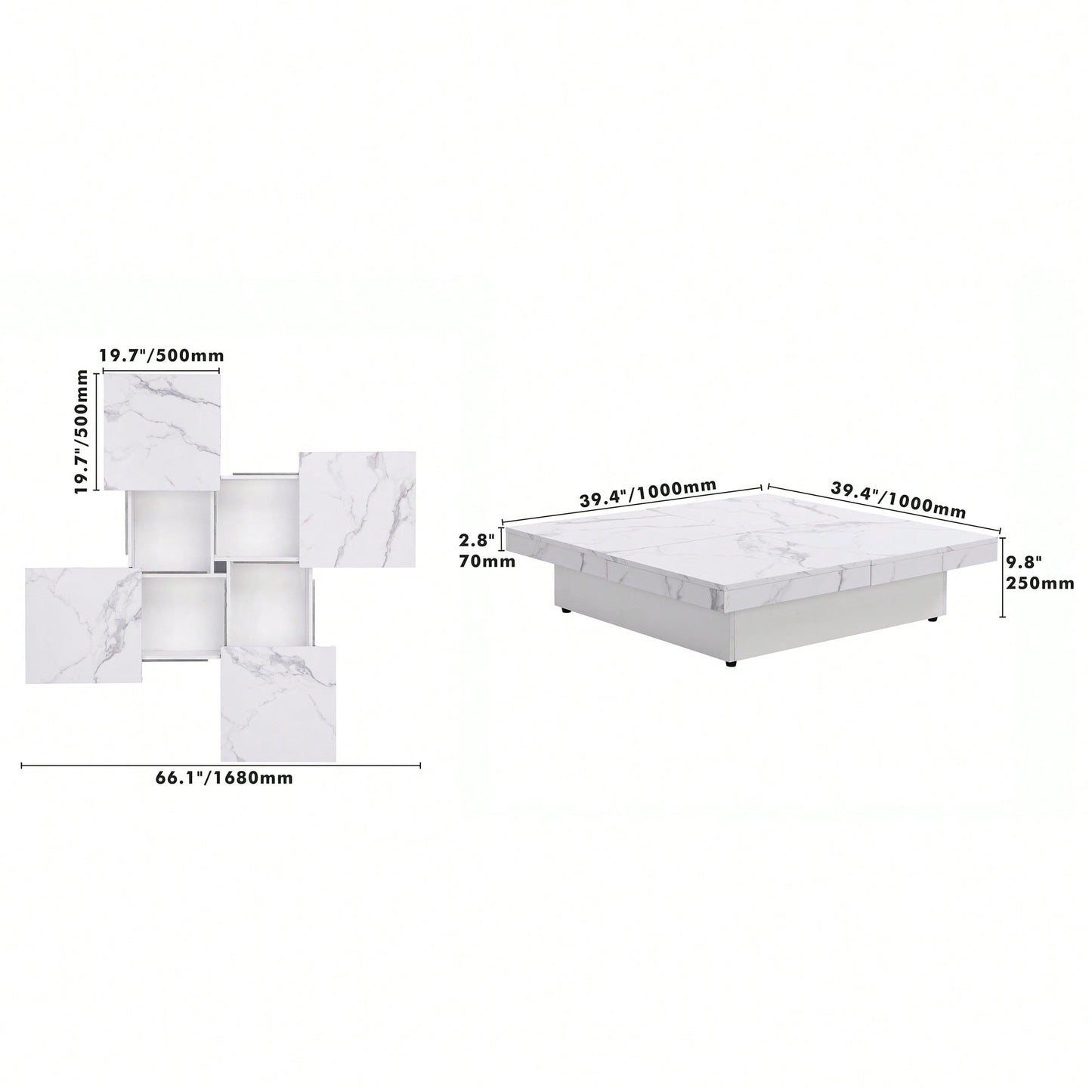 Modern Square Marble Veneer Coffee Table With Sliding Storage Top In White 39.4 Inches