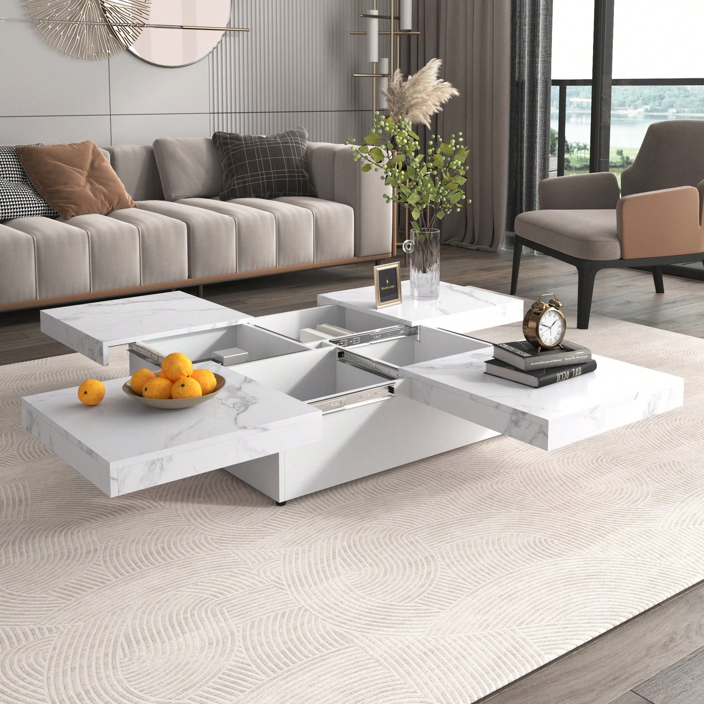 Modern Square Marble Veneer Coffee Table With Sliding Storage Top In White 39.4 Inches