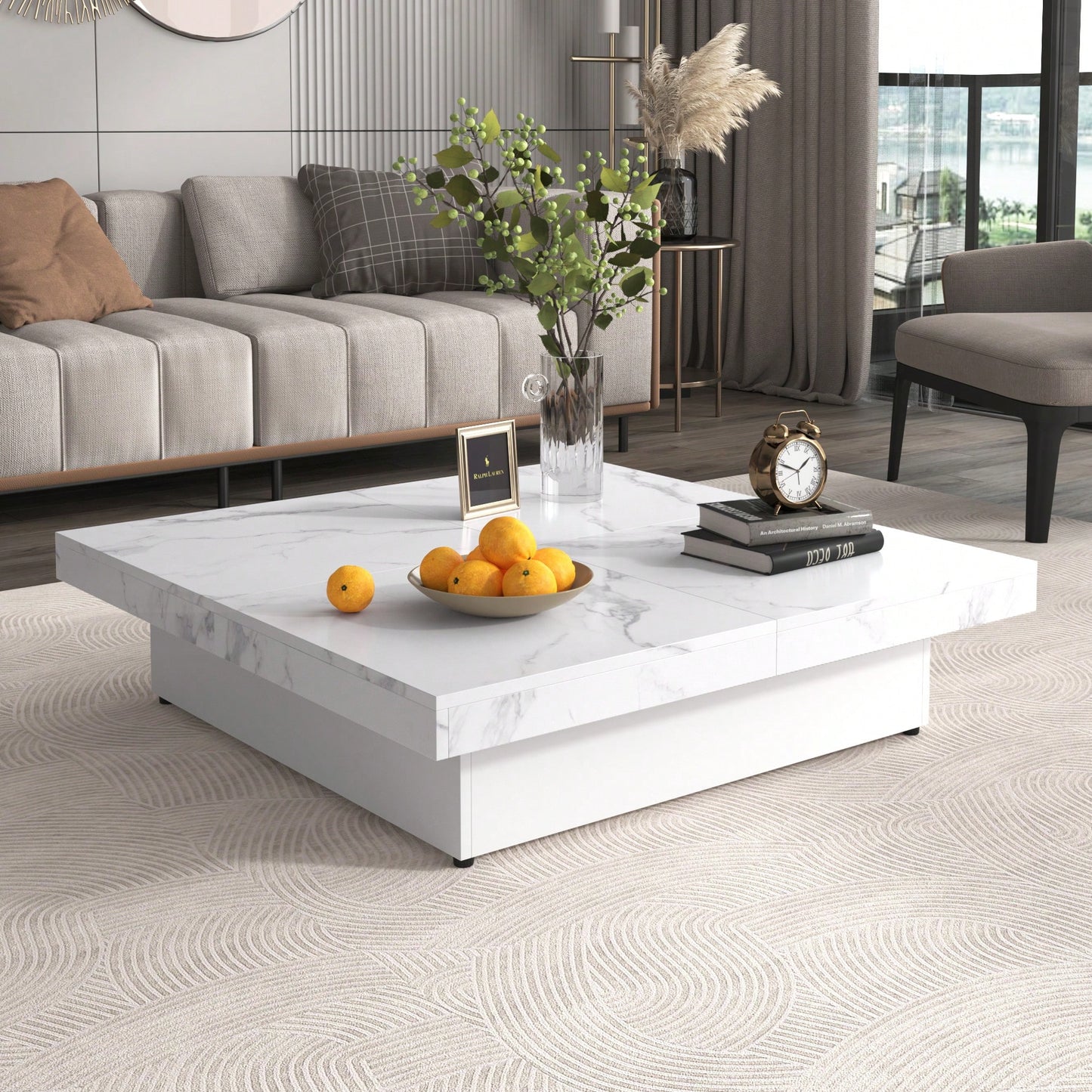 Modern Square Marble Veneer Coffee Table With Sliding Storage Top In White 39.4 Inches