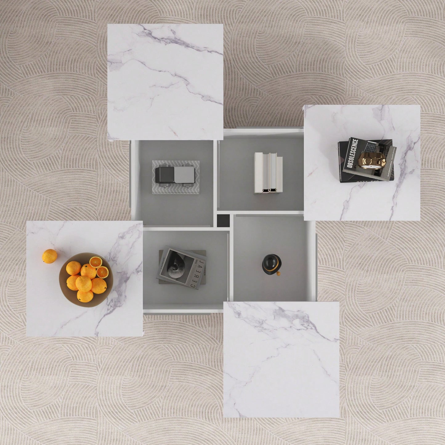 Modern Square Marble Veneer Coffee Table With Sliding Storage Top In White 39.4 Inches