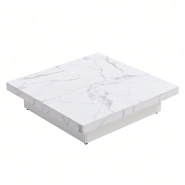 Modern Square Marble Veneer Coffee Table With Sliding Storage Top In White 39.4 Inches