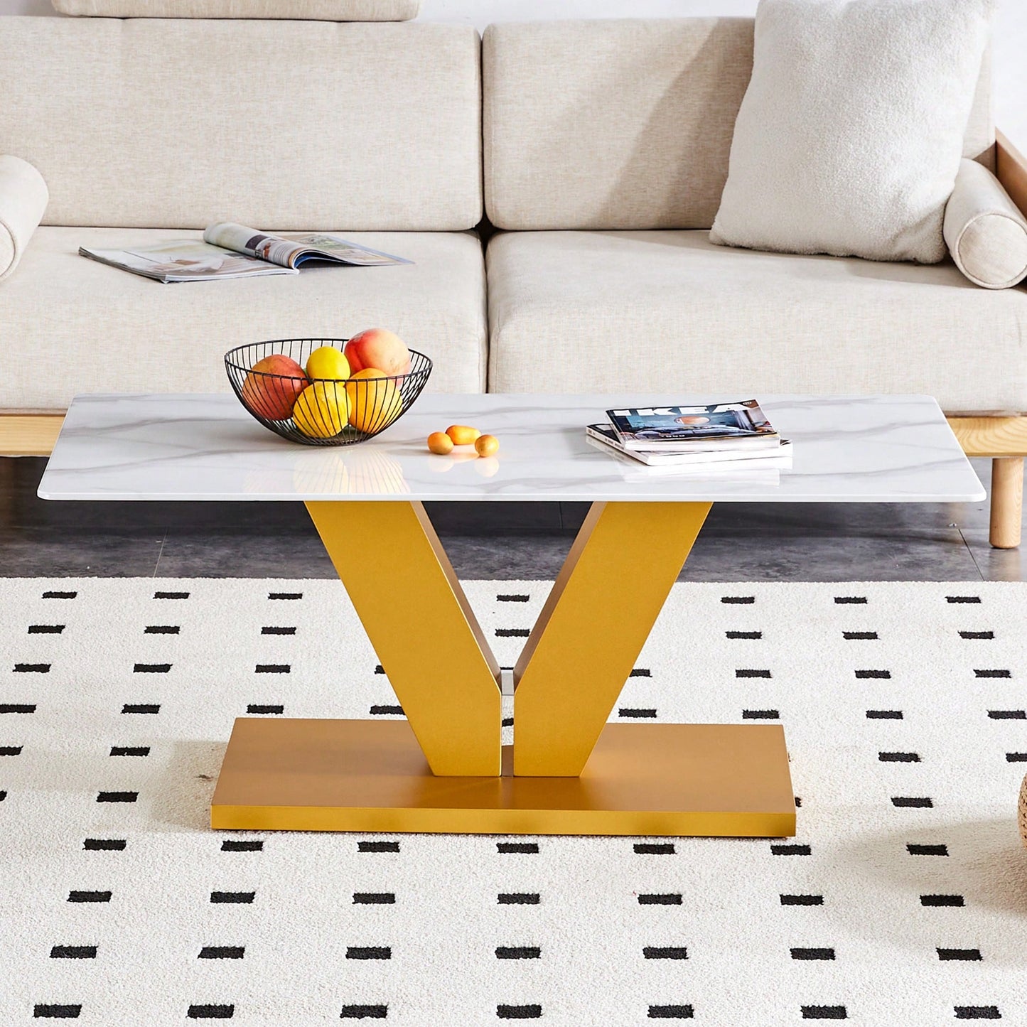 Modern Minimalist Tempered Glass Coffee Table With Sticker Design And Golden MDF Pillars For Living And Dining Rooms