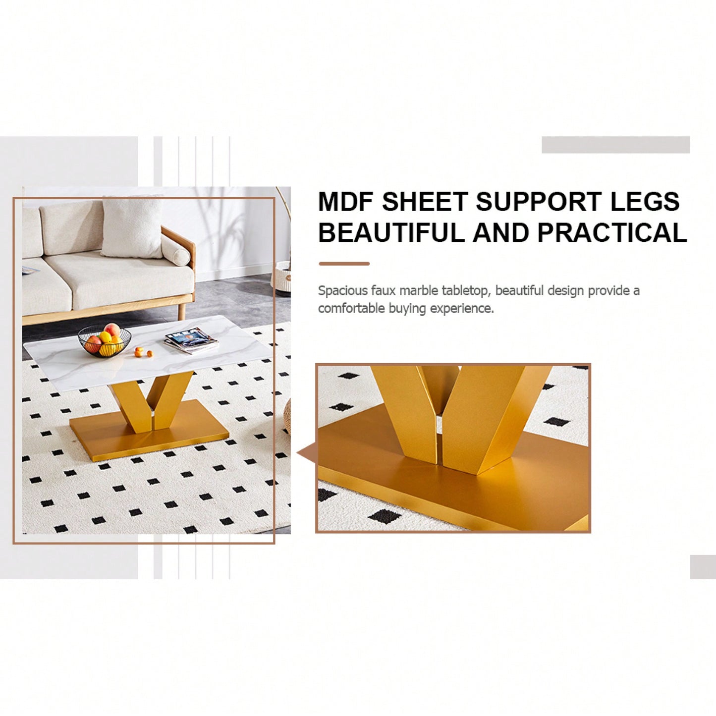 Modern Minimalist Tempered Glass Coffee Table With Sticker Design And Golden MDF Pillars For Living And Dining Rooms
