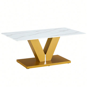 Modern Minimalist Tempered Glass Coffee Table With Sticker Design And Golden MDF Pillars For Living And Dining Rooms
