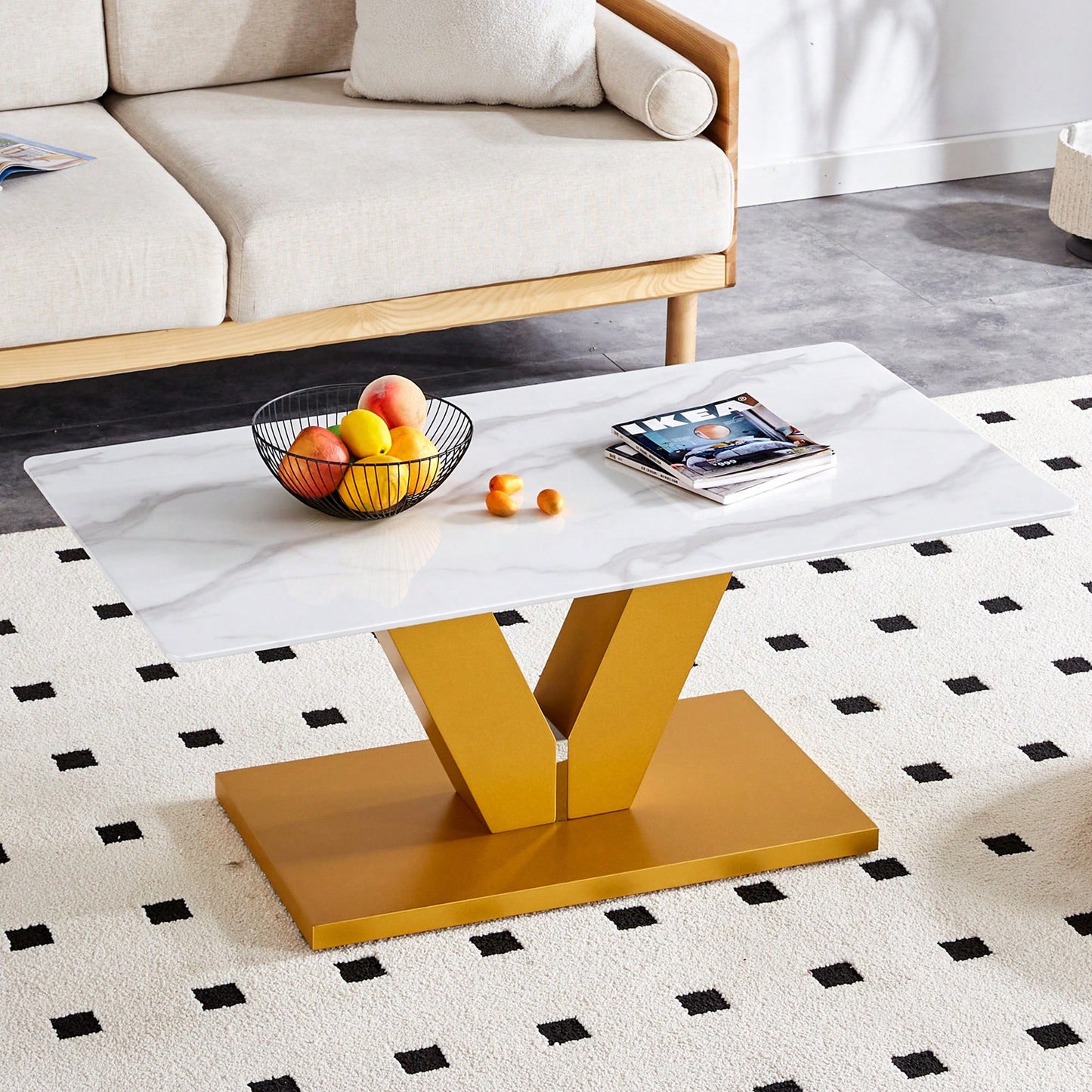 Modern Minimalist Tempered Glass Coffee Table With Sticker Design And Golden MDF Pillars For Living And Dining Rooms