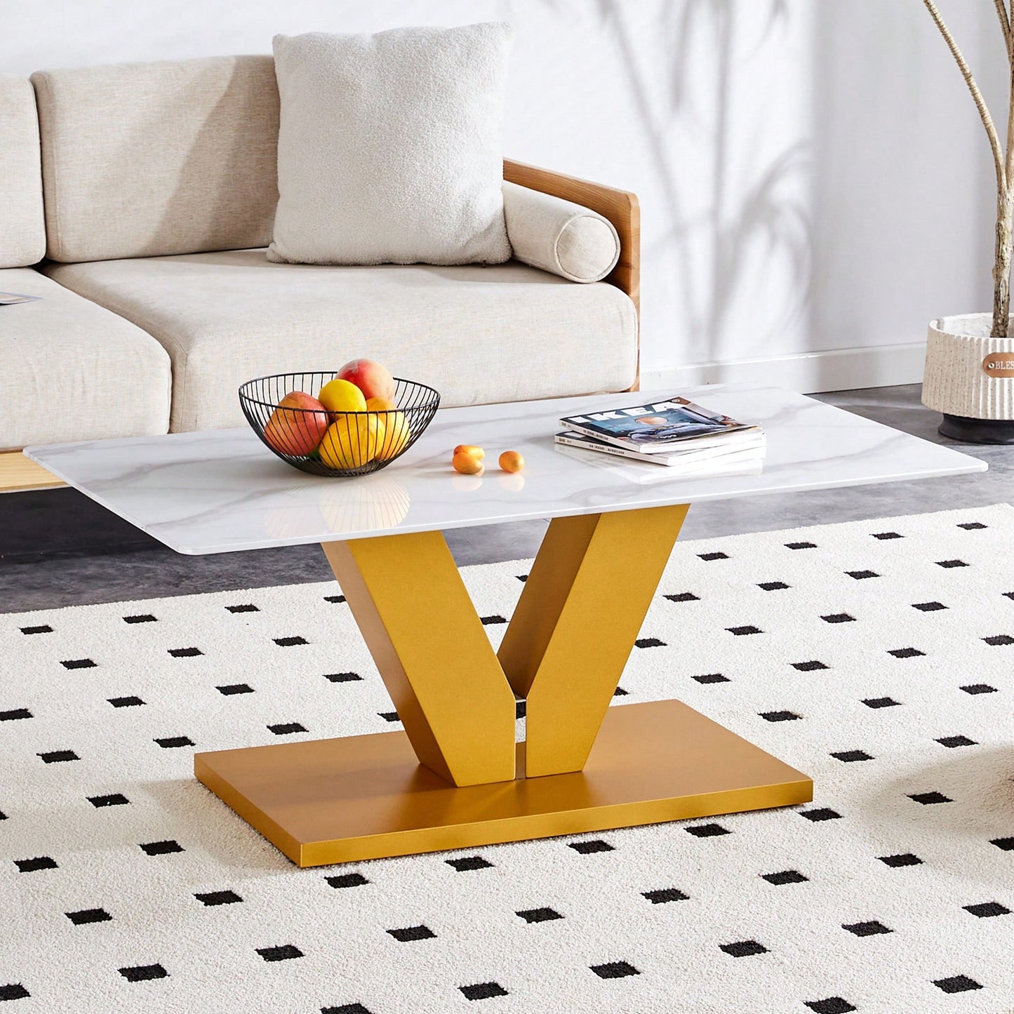 Modern Minimalist Tempered Glass Coffee Table With Sticker Design And Golden MDF Pillars For Living And Dining Rooms