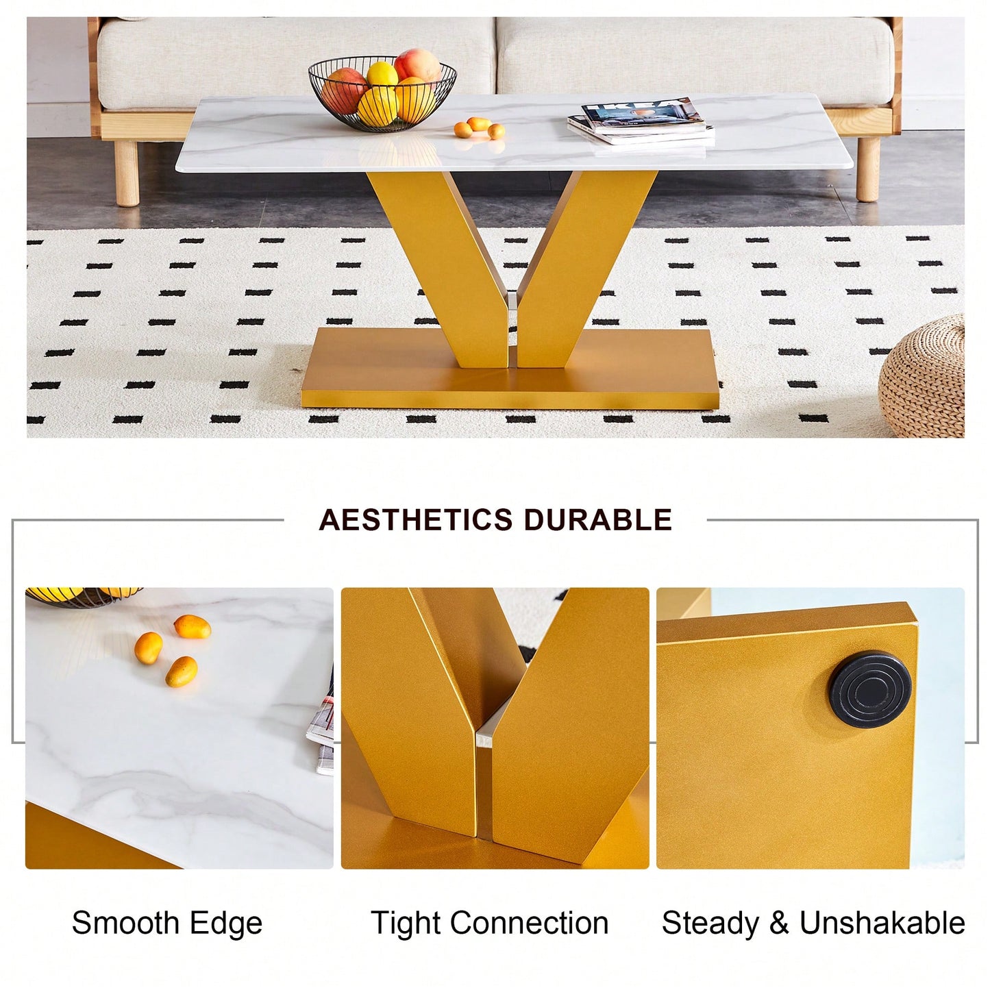 Modern Minimalist Tempered Glass Coffee Table With Sticker Design And Golden MDF Pillars For Living And Dining Rooms