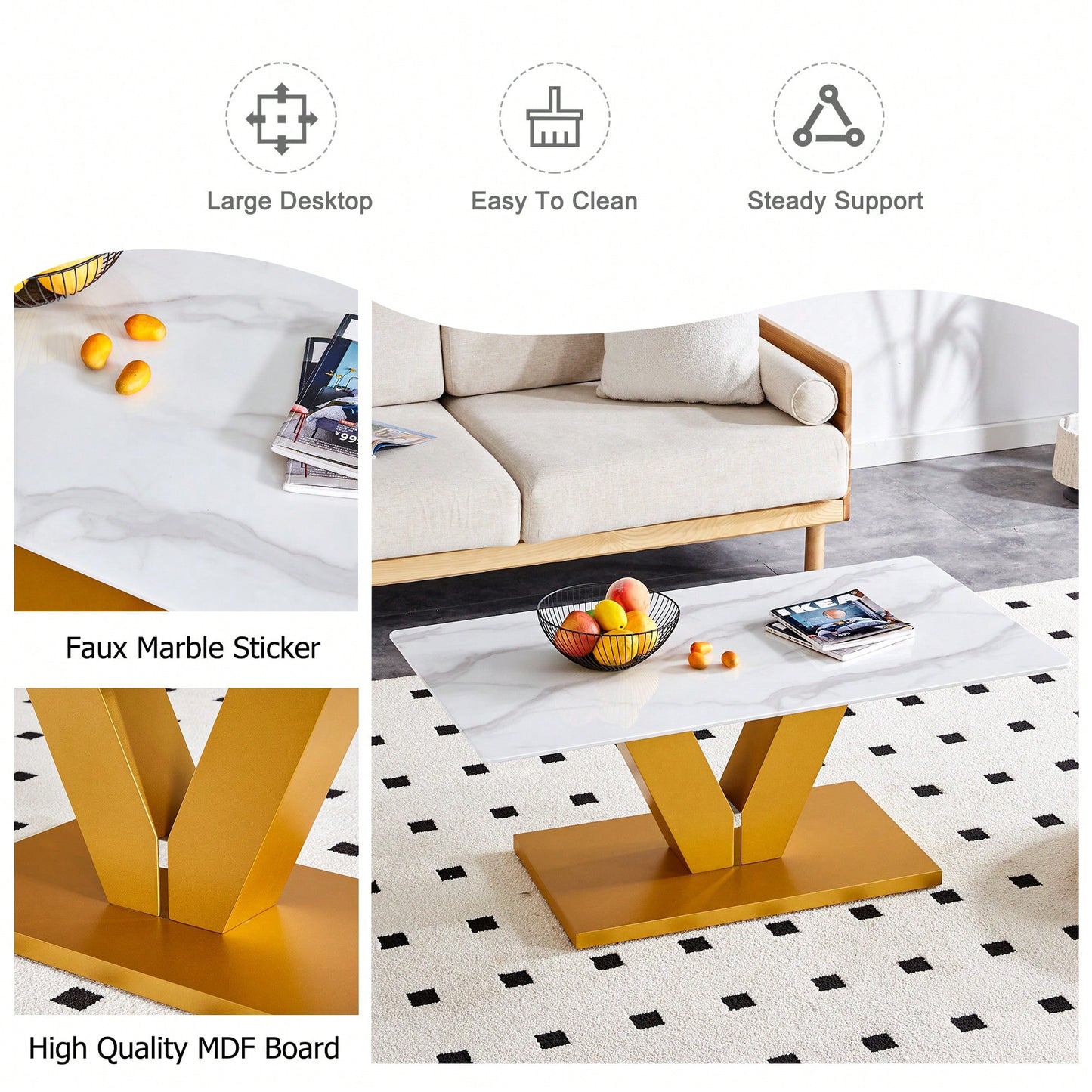 Modern Minimalist Tempered Glass Coffee Table With Sticker Design And Golden MDF Pillars For Living And Dining Rooms