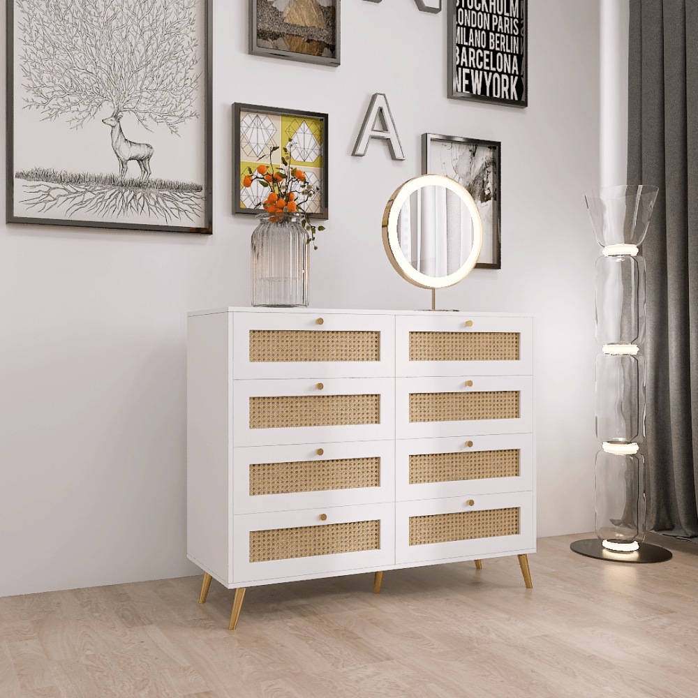 Elegant White 8 Drawer Chest With Rattan Fronts And Gold Legs And Handles