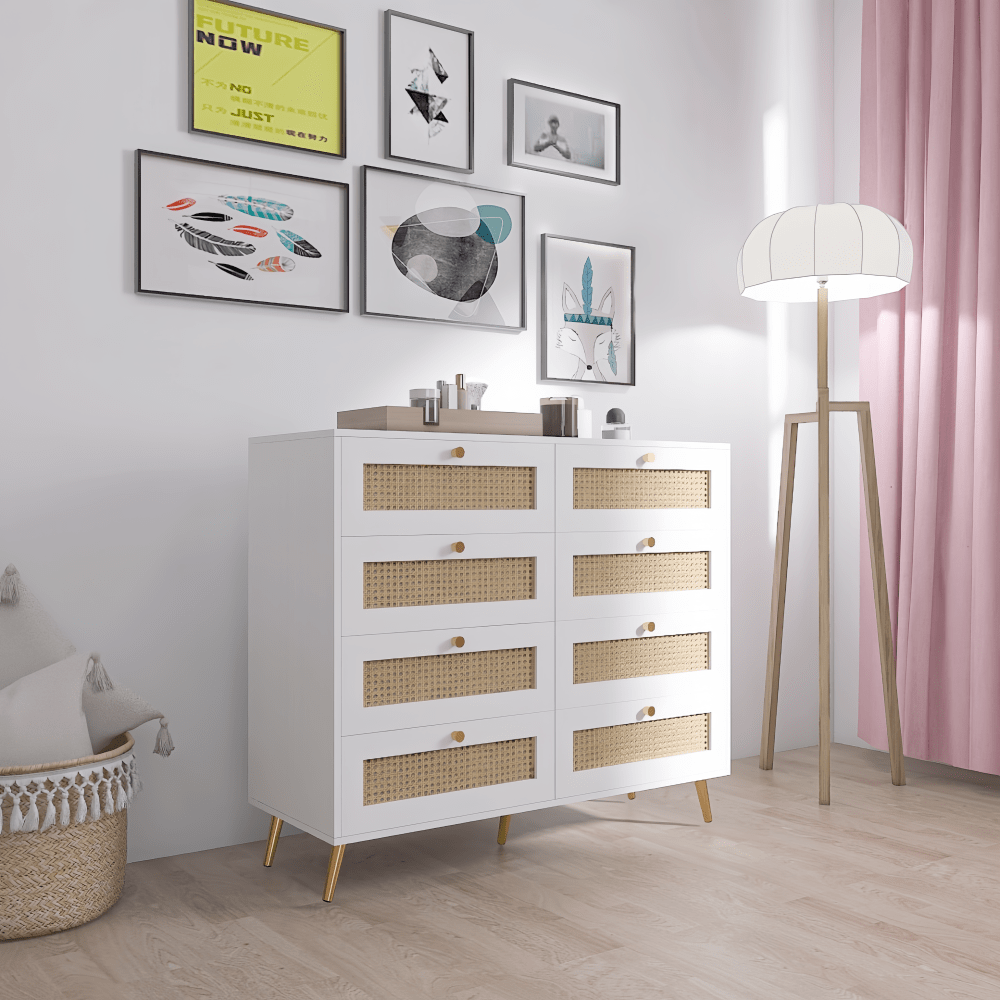 Elegant White 8 Drawer Chest With Rattan Fronts And Gold Legs And Handles