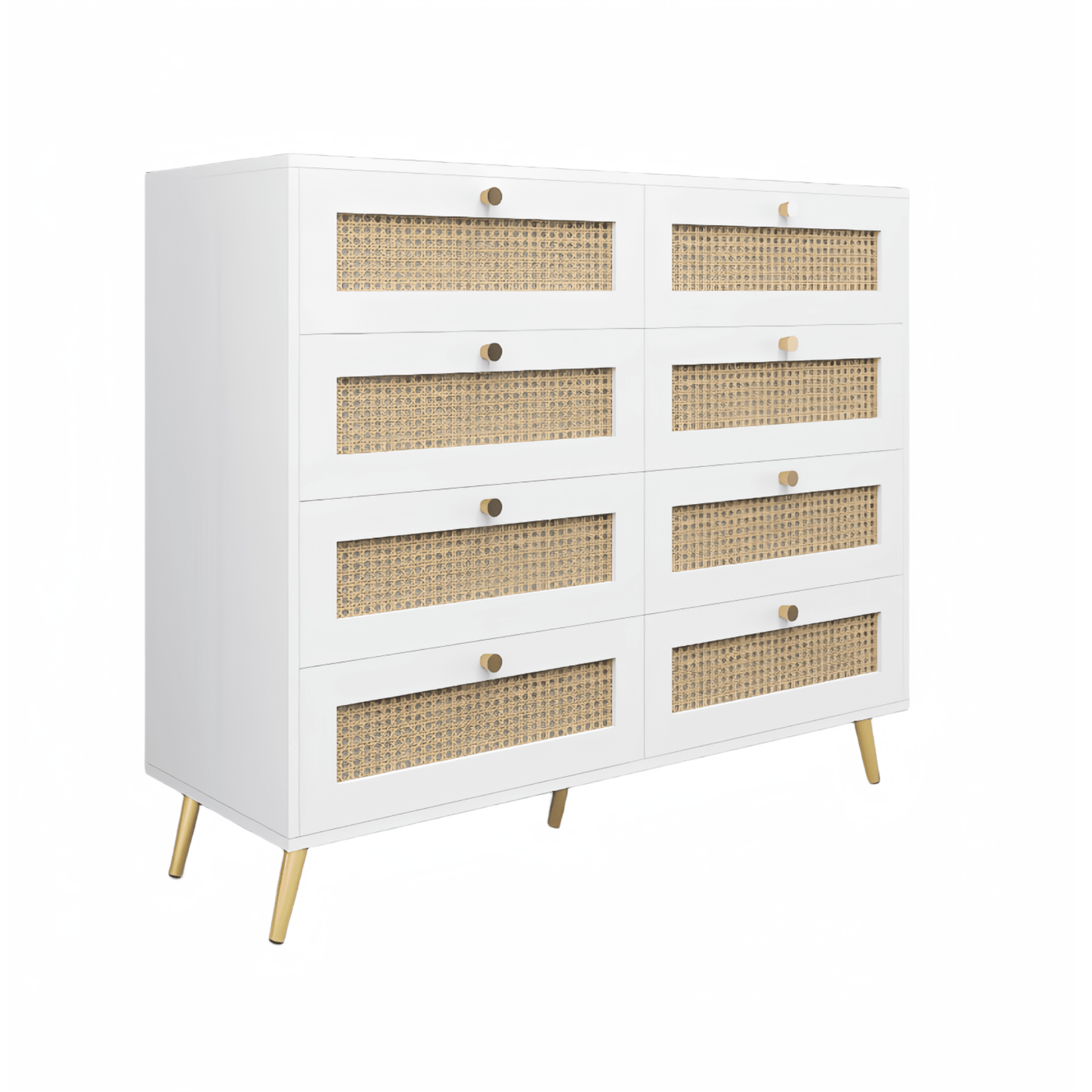 Elegant White 8 Drawer Chest With Rattan Fronts And Gold Legs And Handles