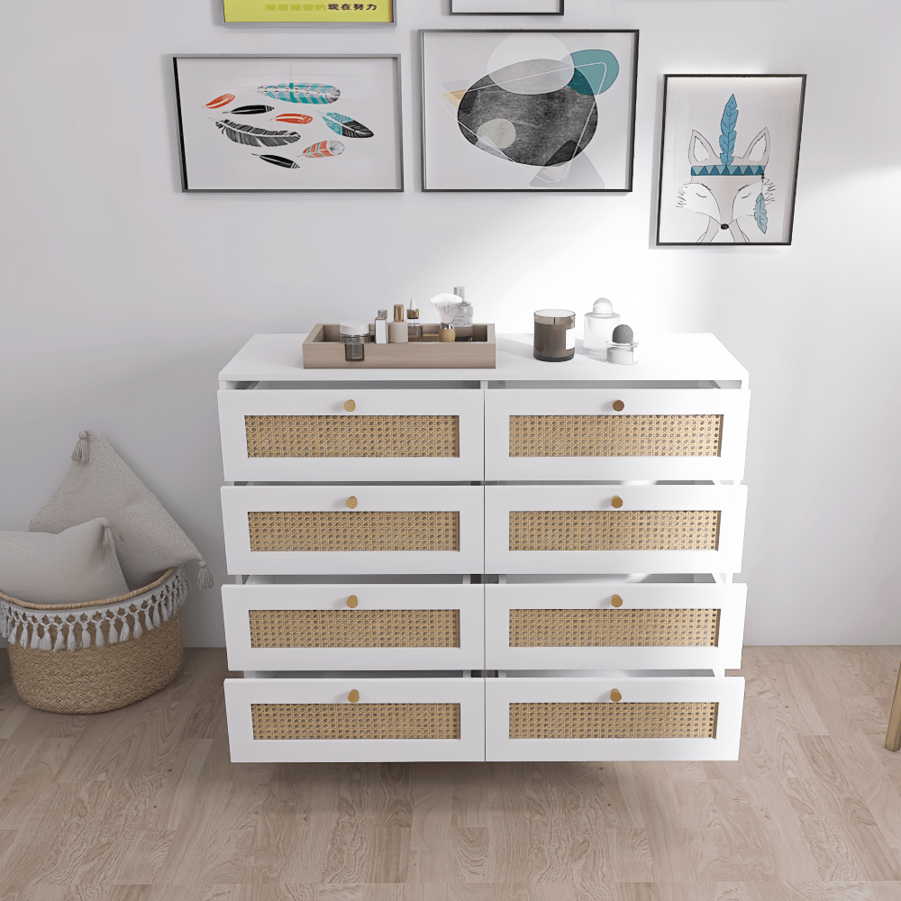Elegant White 8 Drawer Chest With Rattan Fronts And Gold Legs And Handles